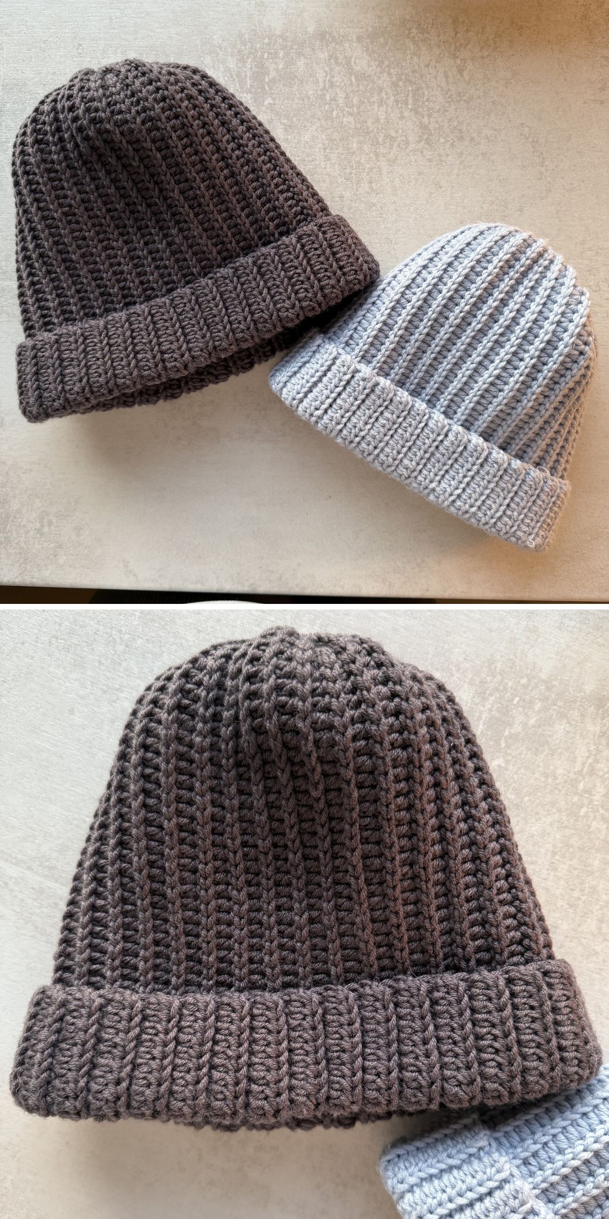 Two knitted beanies, one dark brown and one light gray with white stripes, are displayed on a light surface. The brown beanie appears larger than the gray one—perfect inspiration if you’re searching for crochet hats for men or new crochet hat patterns.