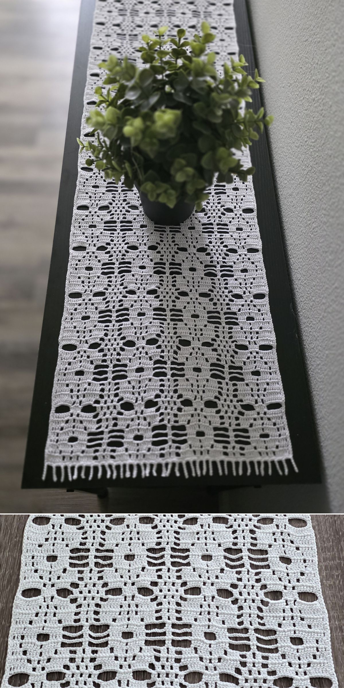 A black table is topped with a potted green plant and a Crochet Table Runner in white, featuring a repeating skull pattern.