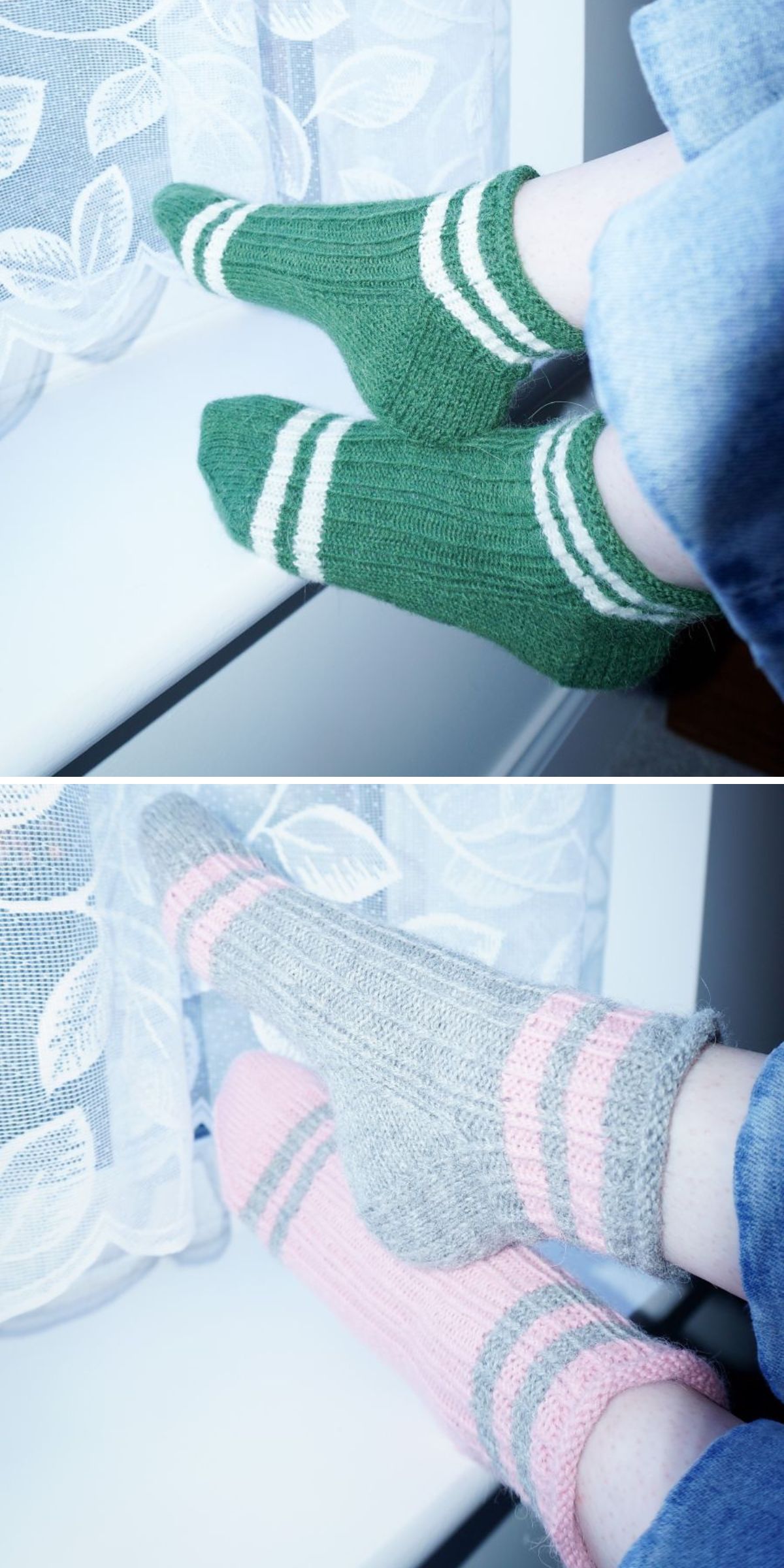 Two images show feet in knitted socks, made from charming knitting patterns for socks, resting on a windowsill: one green with white stripes, the other gray and pink striped, both paired with blue jeans.