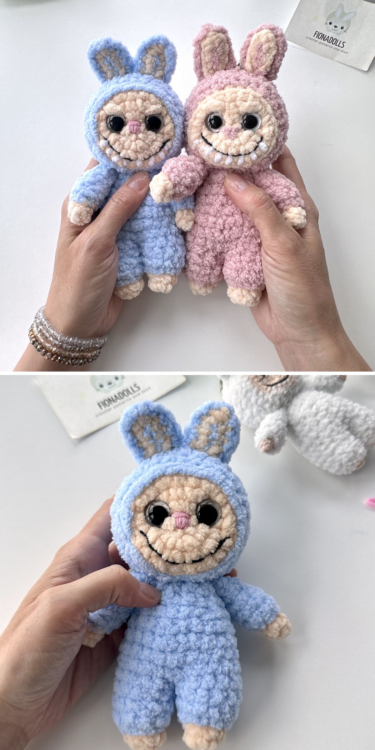 Two plush labubu amigurumi dolls in blue and pink bunny outfits are held in hand; the bottom image offers a close-up of the blue doll being held.