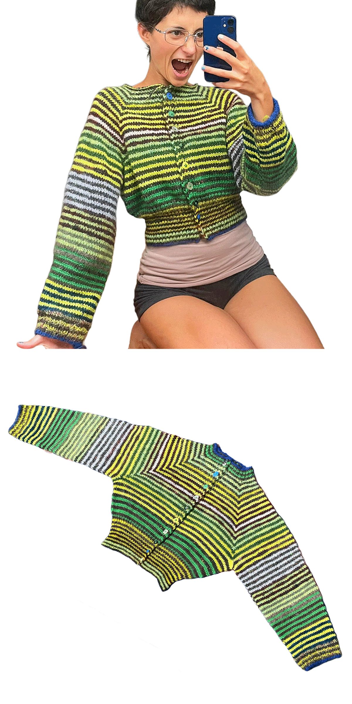 Person wearing a striped, multicolored knit cardigan with buttons; second image shows the cardigan laid flat on a white background — perfect inspiration for those seeking Free Knitting Patterns for Cardigans.