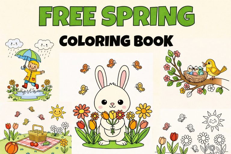 Cover of a free PDF spring coloring book featuring Spring coloring pages with a bunny and flowers, a bird in a nest, a child with an umbrella, picnic scene, butterflies, and cheerful sun — printable for kids!