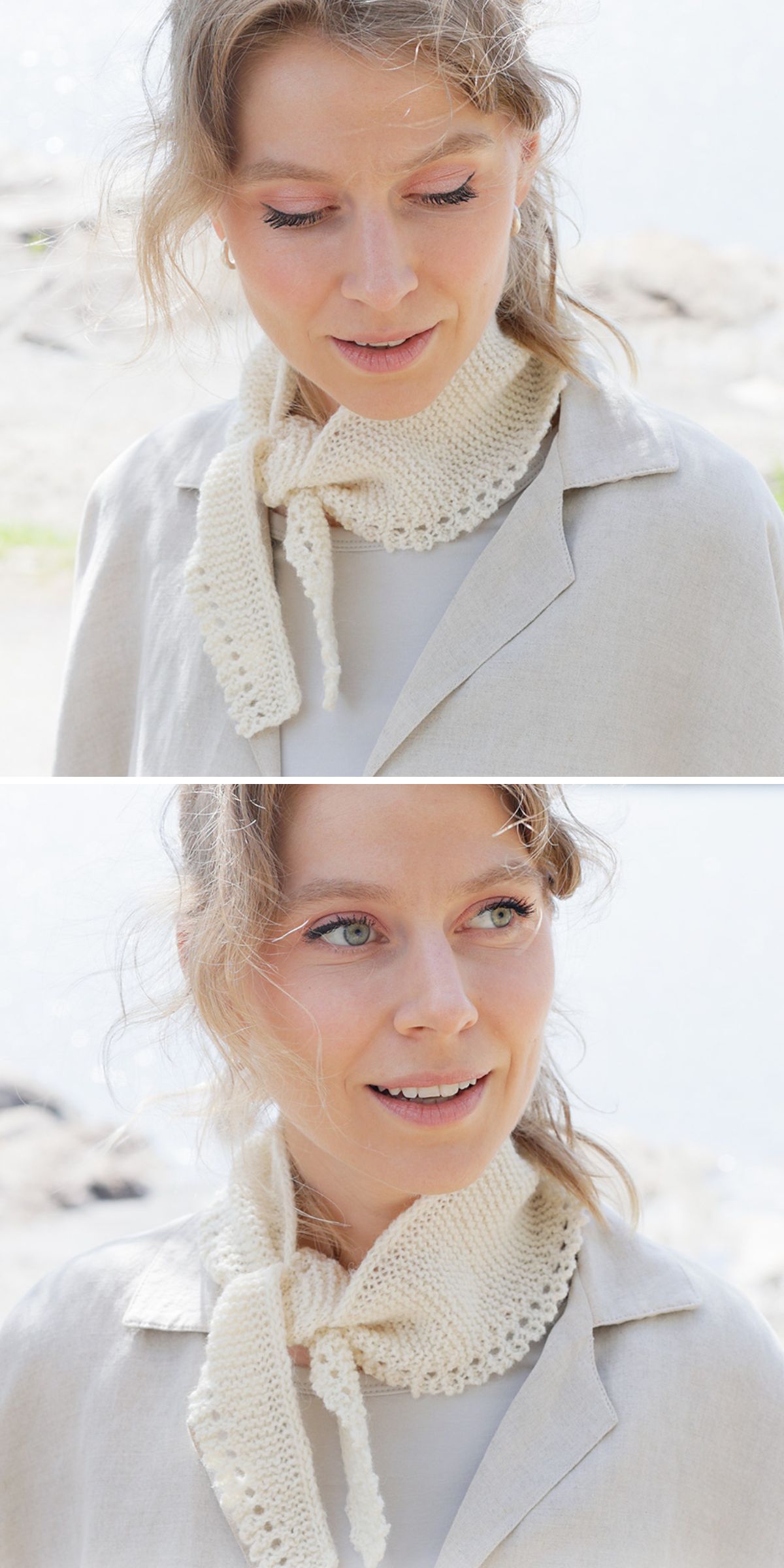 Two images show a woman wearing a light-colored blouse and a knitted cream scarf tied in a bow around her neck, outdoors with a blurred natural background, perfect inspiration for new knitting scarf patterns.