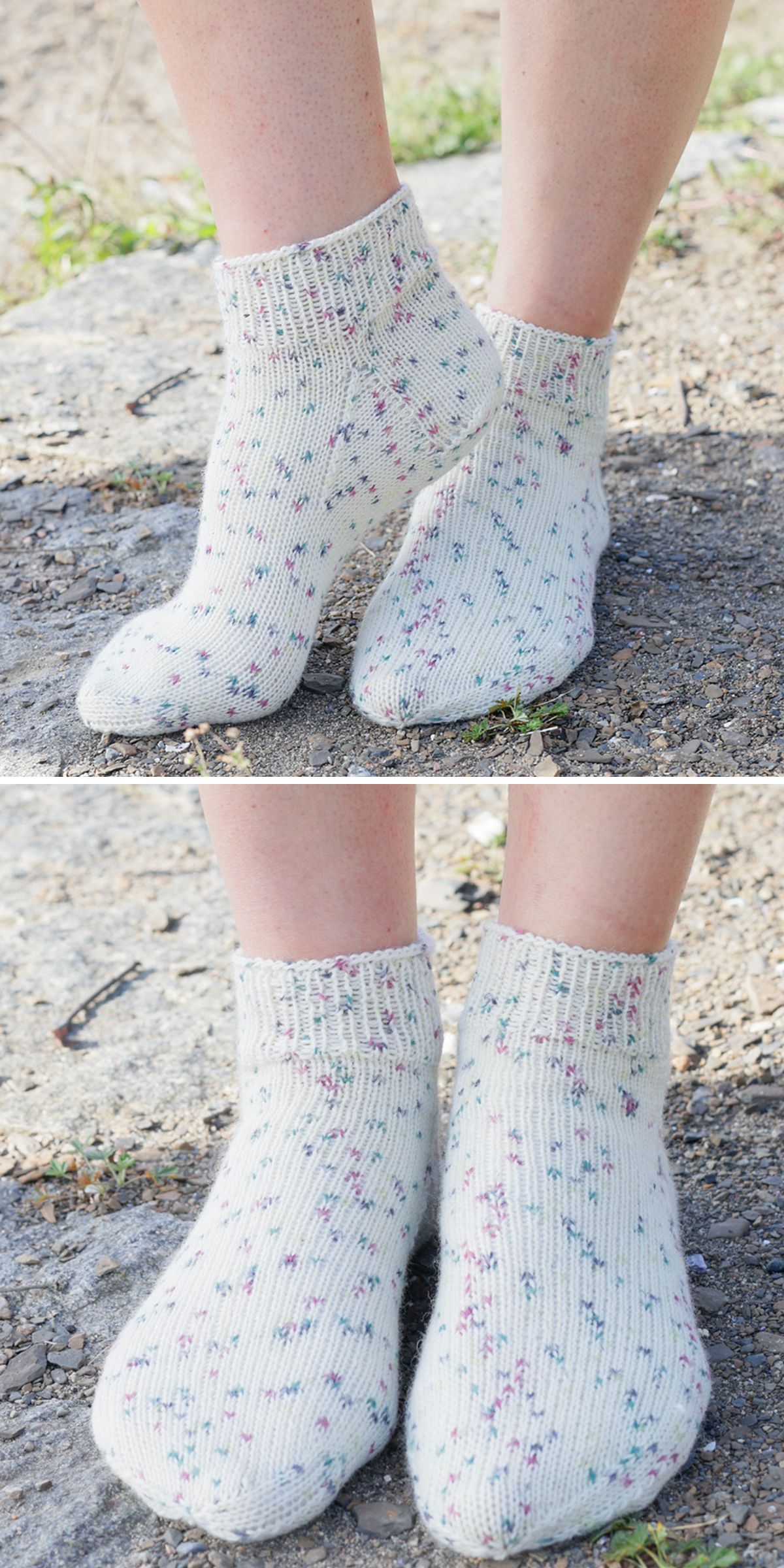 Two photos show feet wearing white socks with small, multicolored speckles—crafted from charming knitting patterns for socks—standing outdoors on a rocky surface.