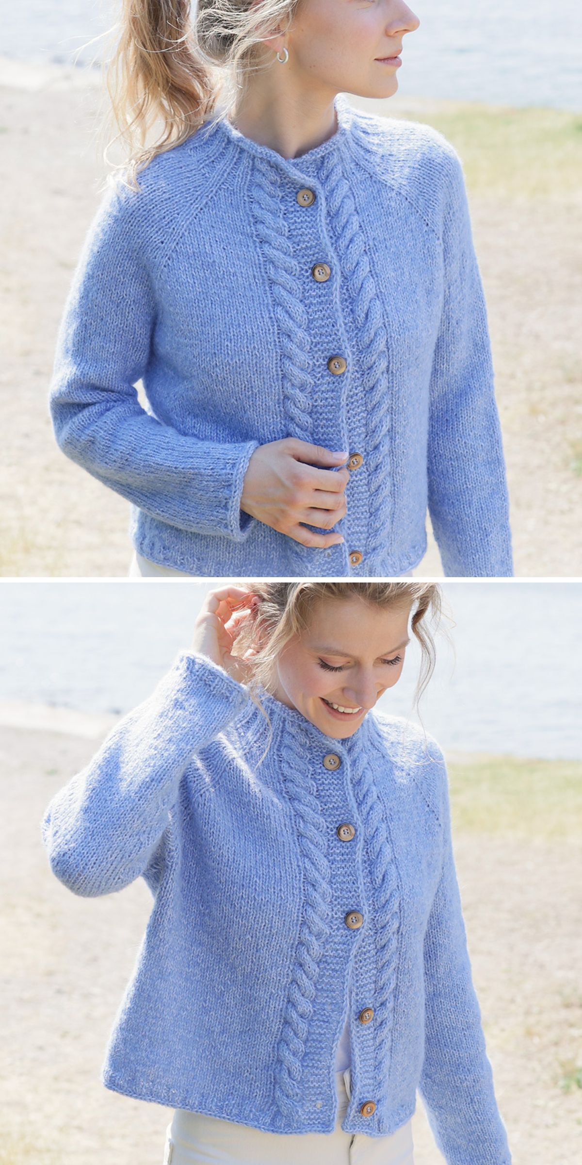A woman models a light blue knitted cardigan with a central cable pattern and wooden buttons, standing outdoors near water—perfect inspiration for those seeking Free Knitting Patterns for Cardigans.