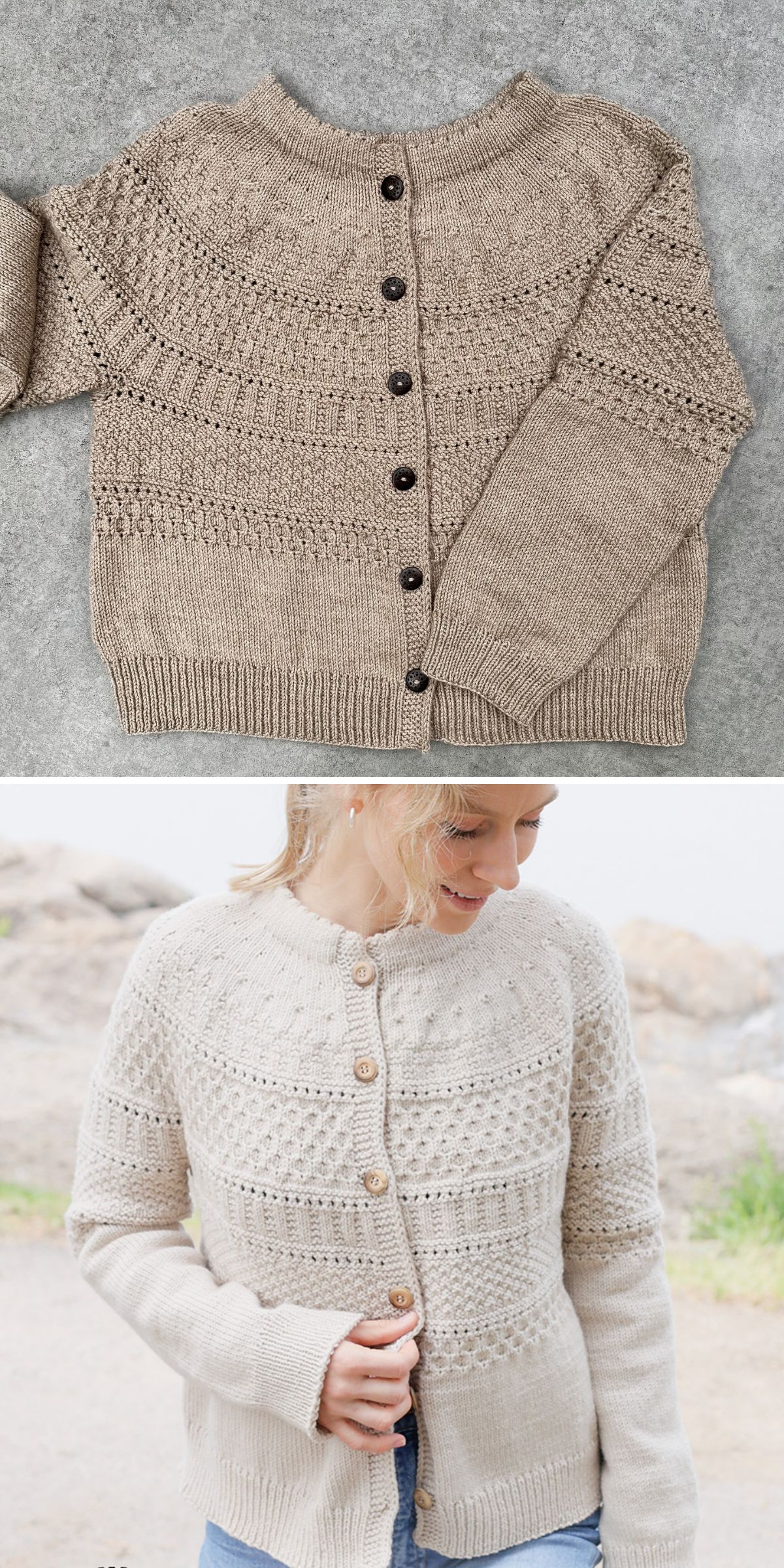 Two beige knitted cardigans with textured patterns are shown; the first is laid flat, and the second is worn by a person outdoors—perfect inspiration if you're seeking free knitting patterns for cardigans.