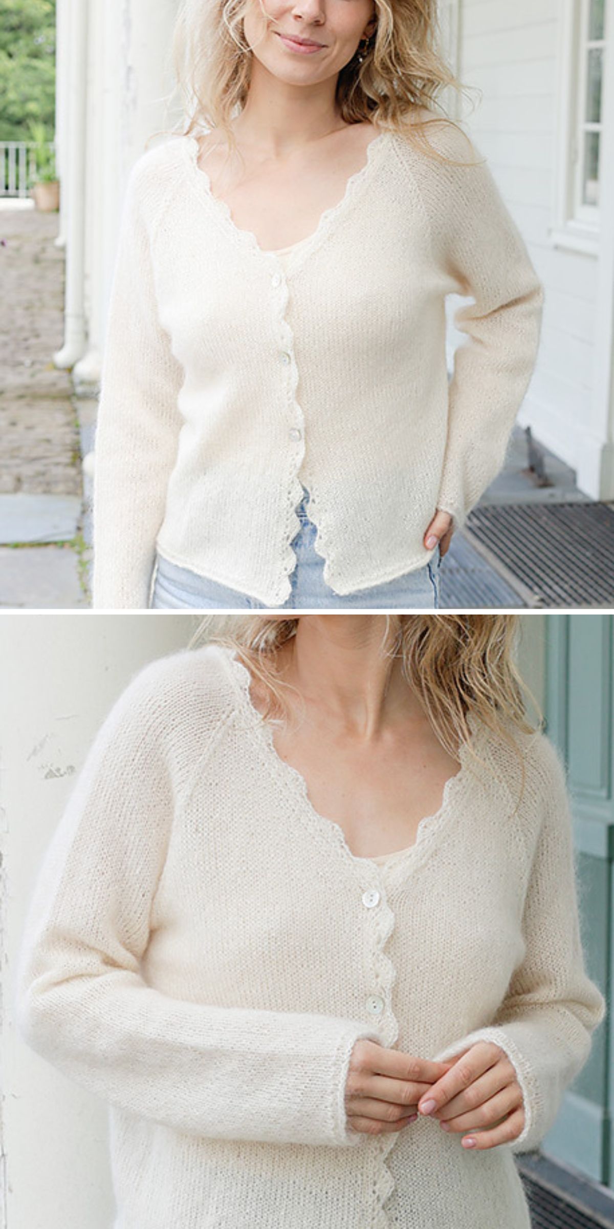 A person wearing a light cream-colored, button-up, long-sleeve cardigan with a scalloped neckline and cuffs, standing outside in front of a white building — perfect inspiration for those seeking free knitting patterns for cardigans.