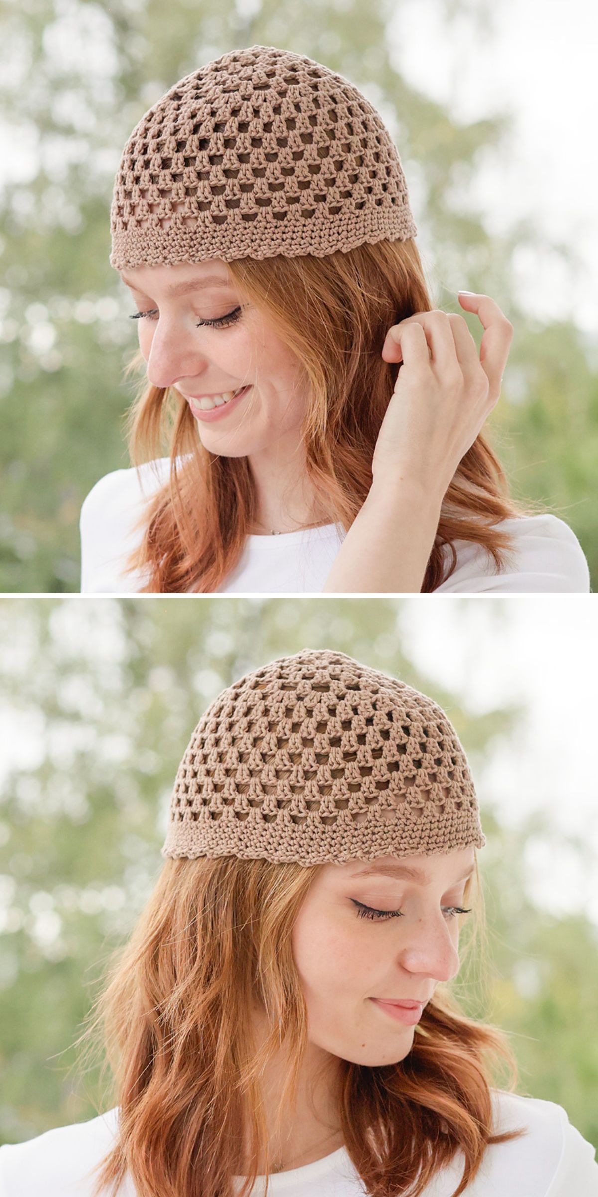 Two photos showing a woman with red hair wearing a light brown crochet cap, standing outdoors against a blurred green background.