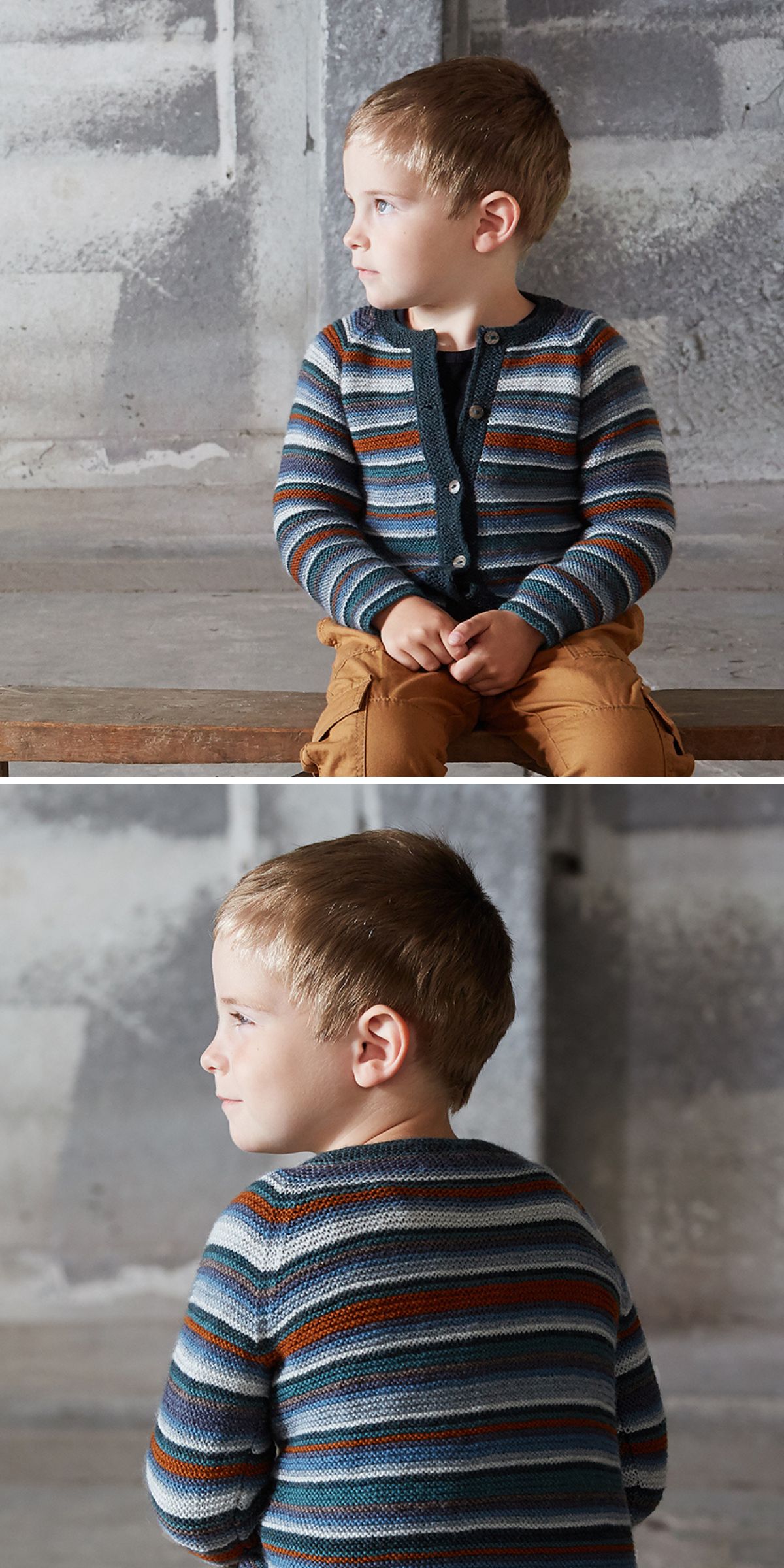 A young boy wearing a striped knitted kids sweater and tan pants sits on a wooden bench, facing forward in one image and turned to the side in the other, with a concrete wall in the background.