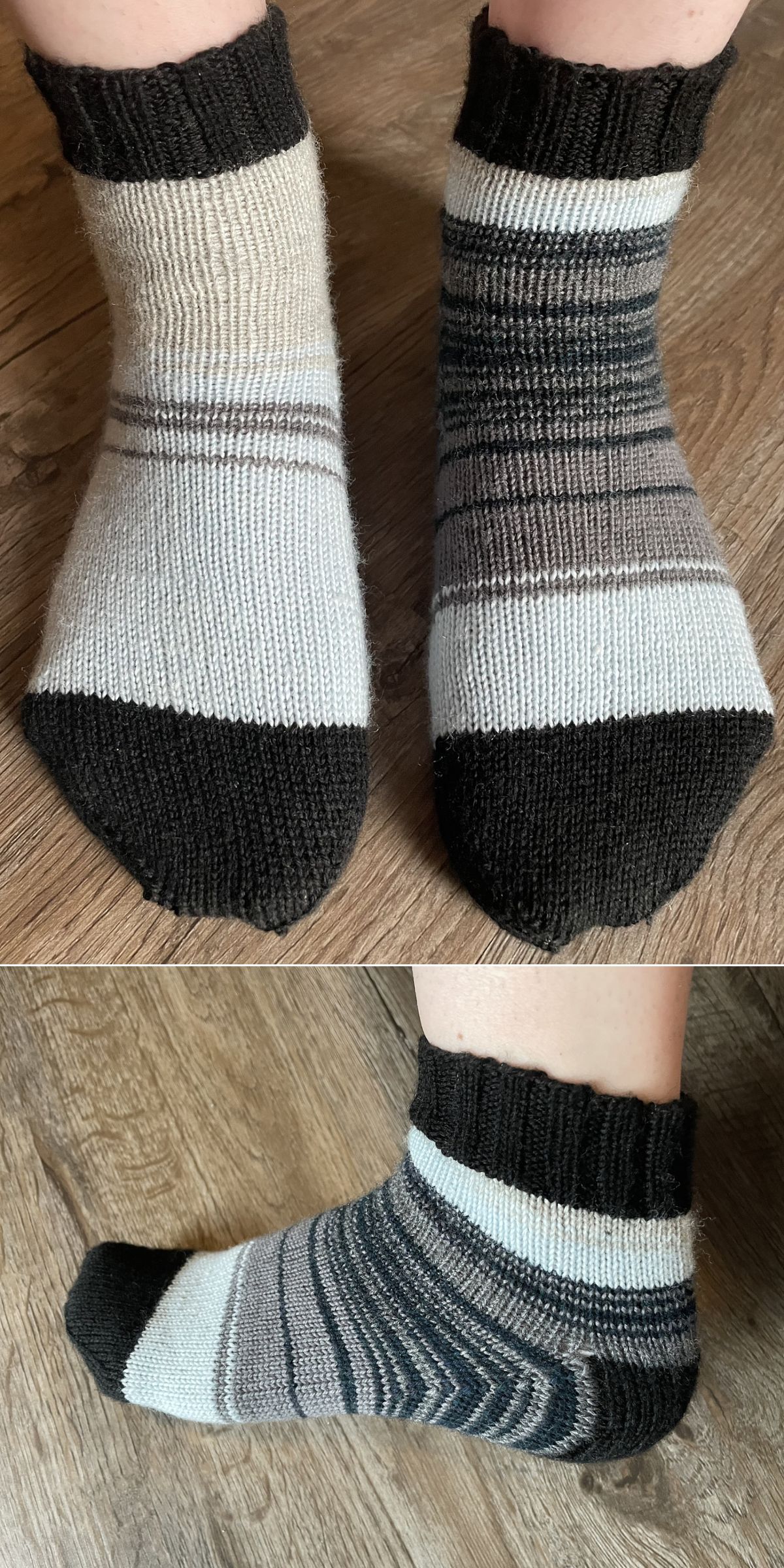 Two photos show feet in mismatched knit socks, crafted with black toes and cuffs, featuring knitting patterns for socks in white, gray, and black stripes, all on a wood floor.