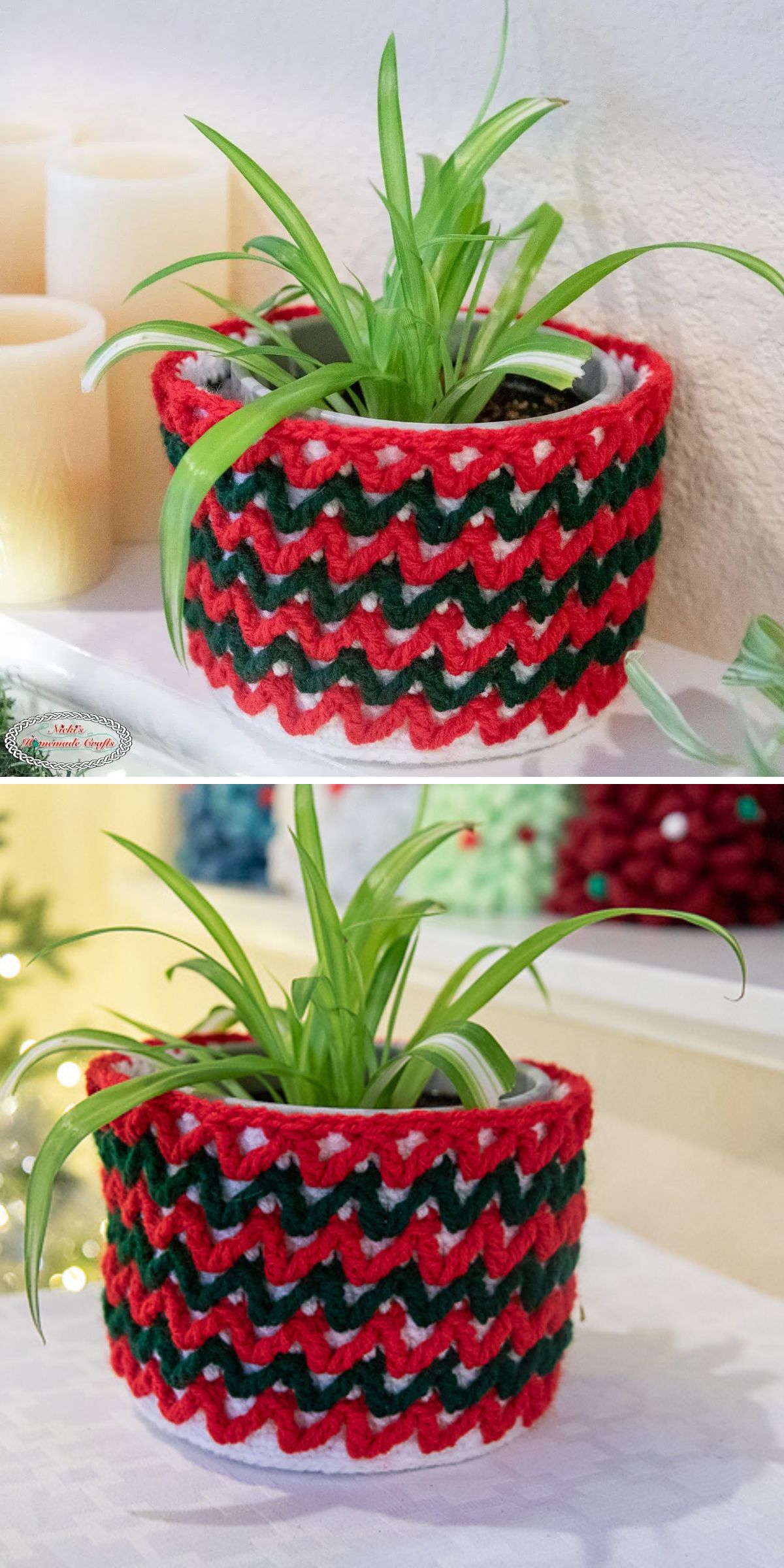 Two photos of a potted plant with long green leaves, displayed inside a unique crochet plant pot cover featuring red, green, and white zigzag patterns.