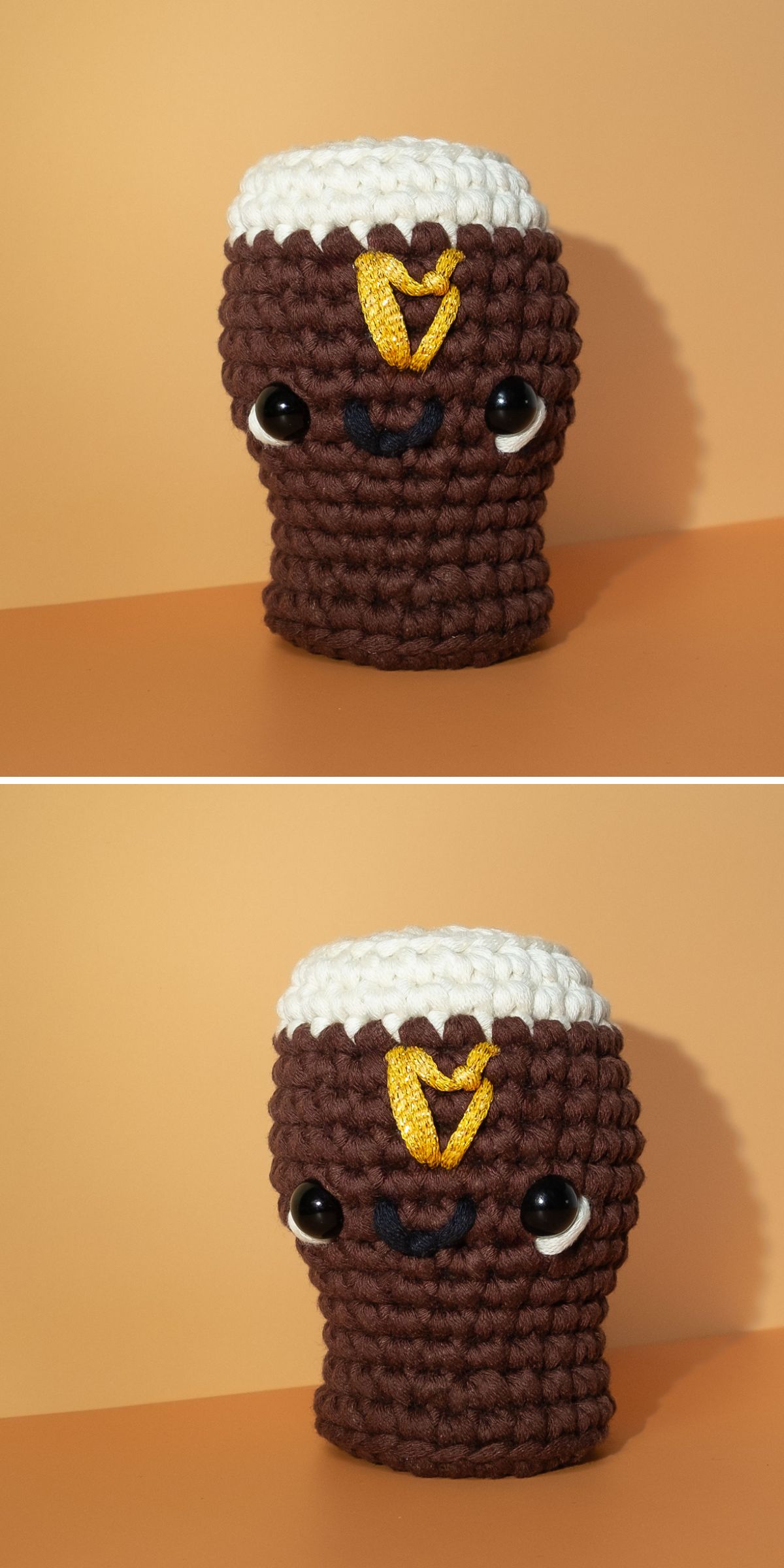 Two images of a crocheted plush toy resembling a pint of beer with white foam, black eyes, a small mouth, and a yellow decorative detail on its front — perfect inspiration for crochet drink patterns.