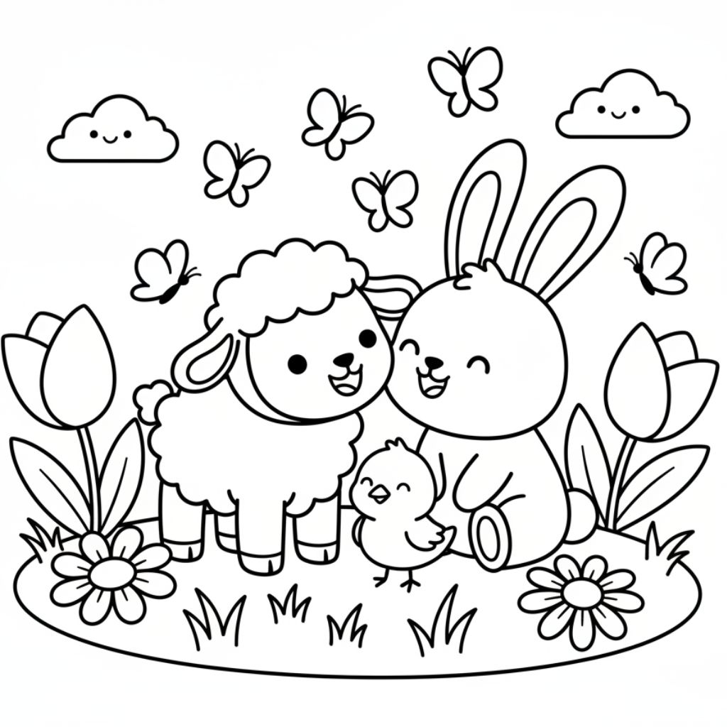 A lamb, a bunny, and a chick sit together in a field of flowers, tulips, and butterflies under cloudy skies—perfect for spring coloring pages. Download these adorable printable coloring pages as a free PDF!.