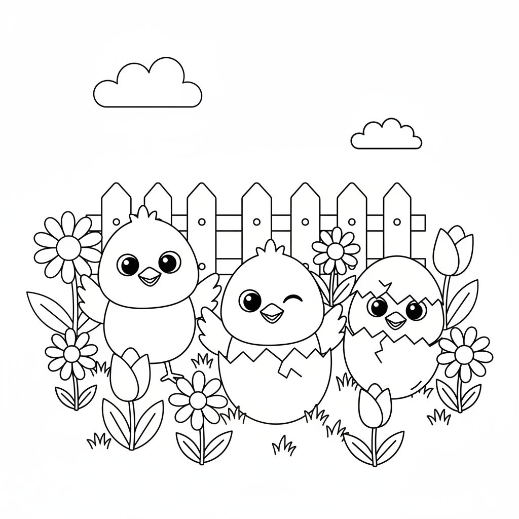 Three cartoon chicks, one winking, stand among flowers in front of a picket fence with clouds in the sky — perfect for spring coloring pages or fun printable coloring pages.