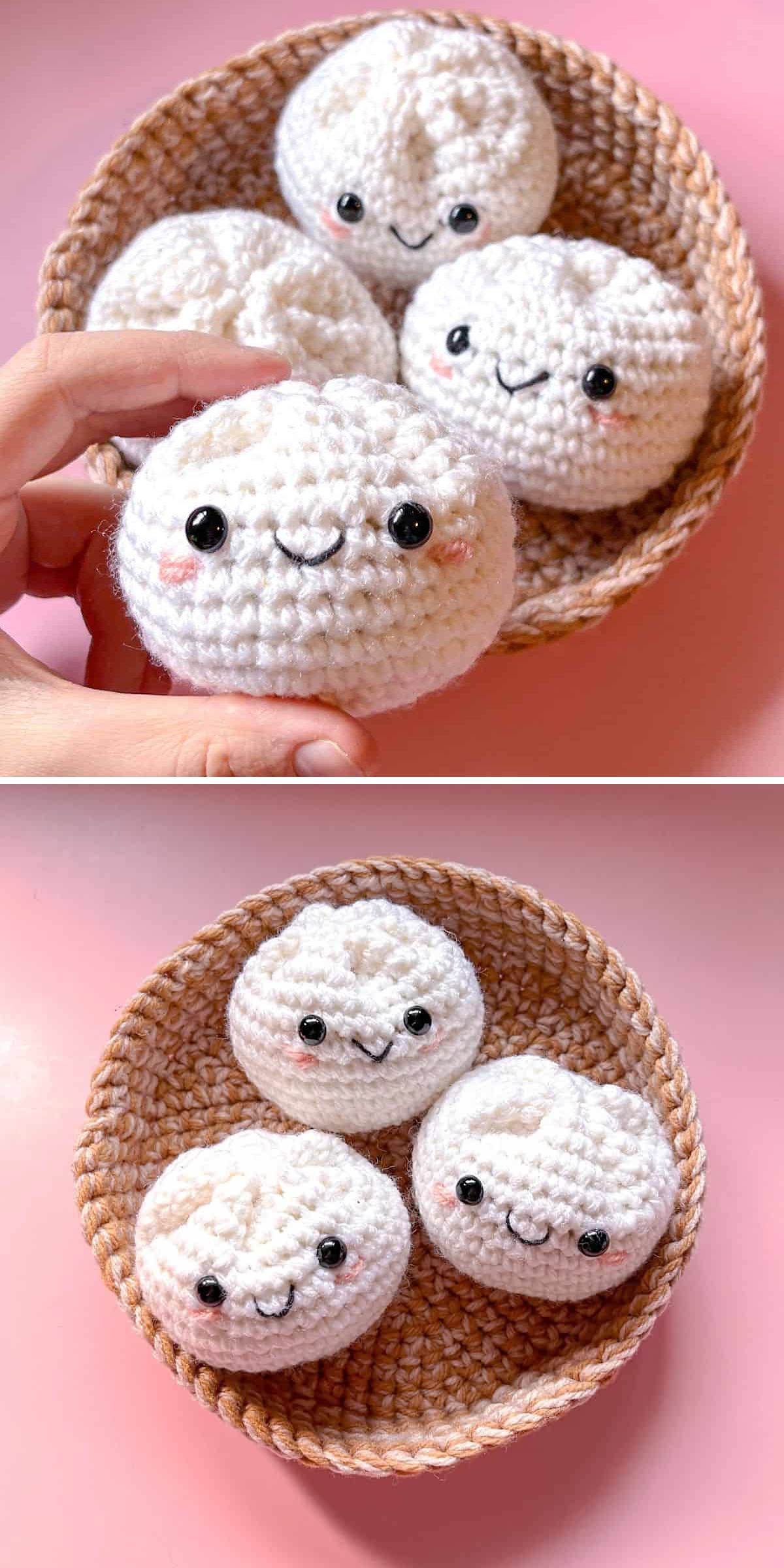A handwoven basket holds four food amigurumi — crocheted white dumplings with black eyes and smiling faces — against a pink background.