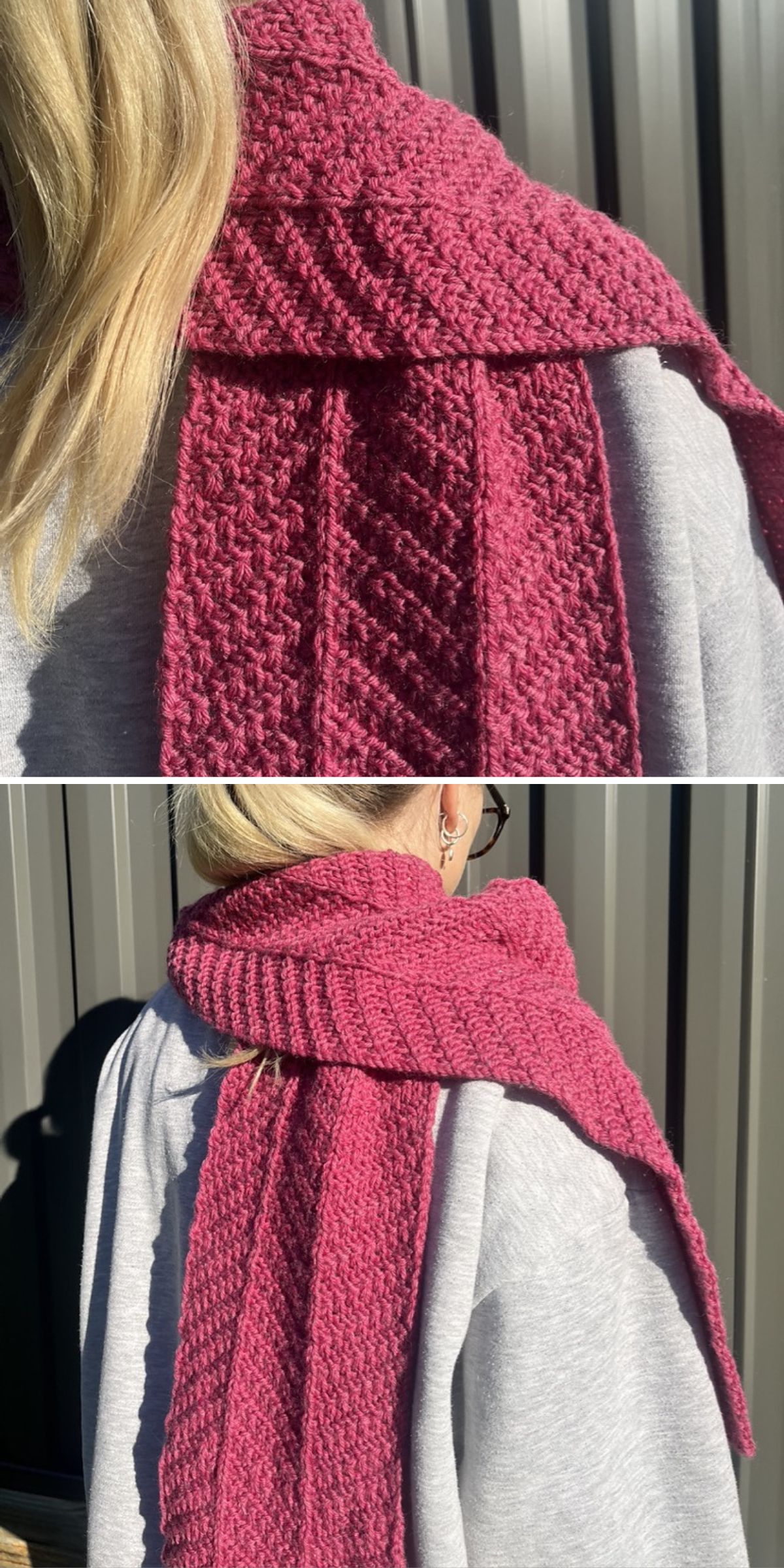 A person with blonde hair models a textured, dark pink scarf from unique knitting scarf patterns, draped around their shoulders and neck, standing in front of a corrugated metal wall.