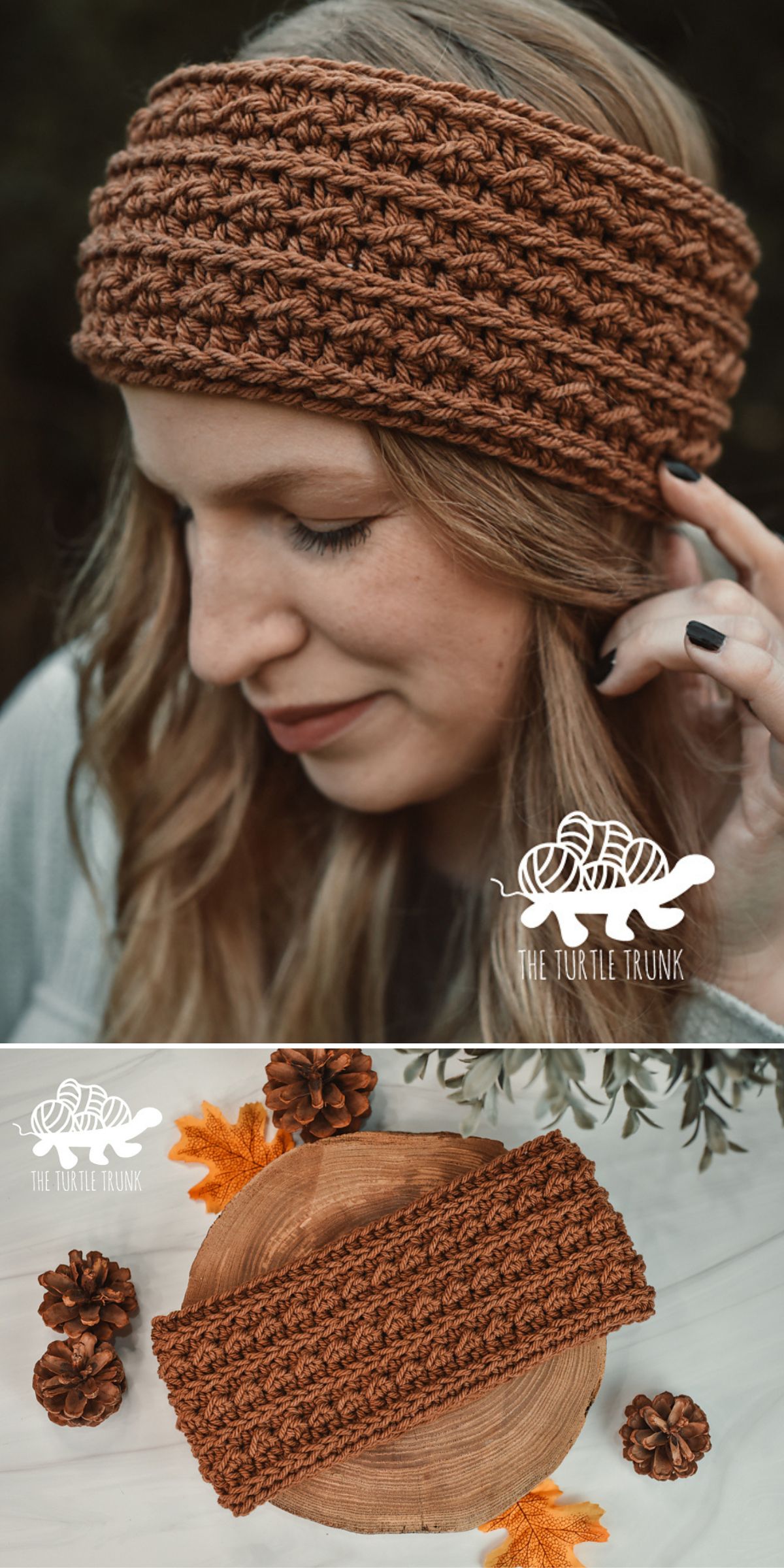 A woman wears a textured brown crochet headband; below, the same headband is displayed with pinecones and a leaf on a wooden surface.