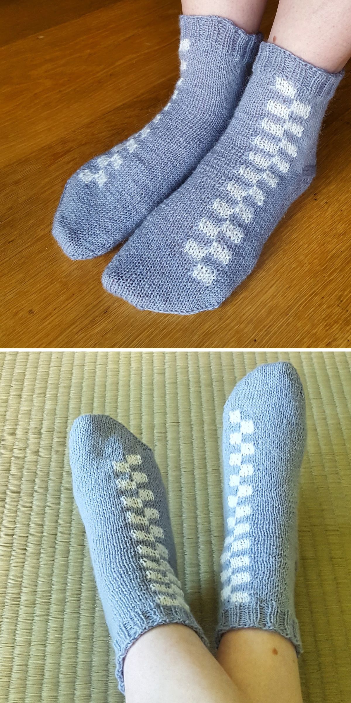 Two photos of feet wearing hand-knitted light blue socks with a vertical white checkered pattern on top, shown on different floor surfaces—perfect inspiration for those looking for unique knitting patterns for socks.
