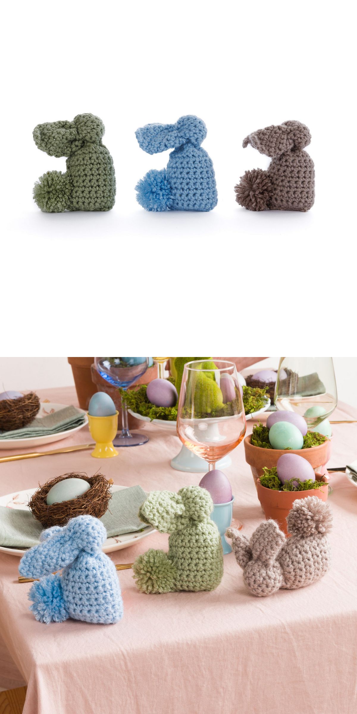 Three crochet bunny figures in green, blue, and brown are shown alone on a white background and arranged as table decorations among colored eggs and tableware.