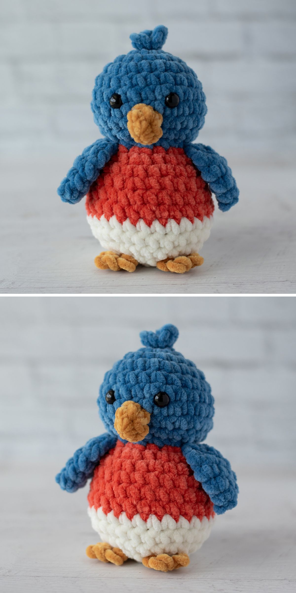 Plush crochet bird with blue head and wings, red belly, white lower body, orange beak, and feet, shown from front and side angles on a light background. This charming crochet bird adds a whimsical touch to any collection.