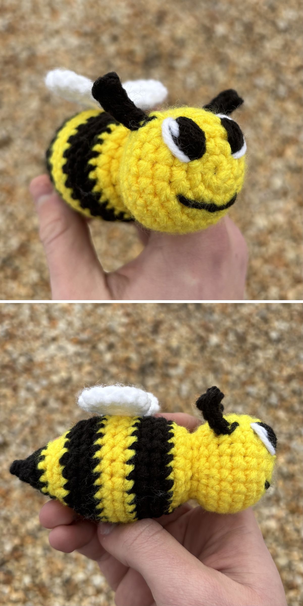 Two views of a hand holding a crochet bee amigurumi, featuring yellow and black stripes, white wings, and a smiling face, with a gravel background.