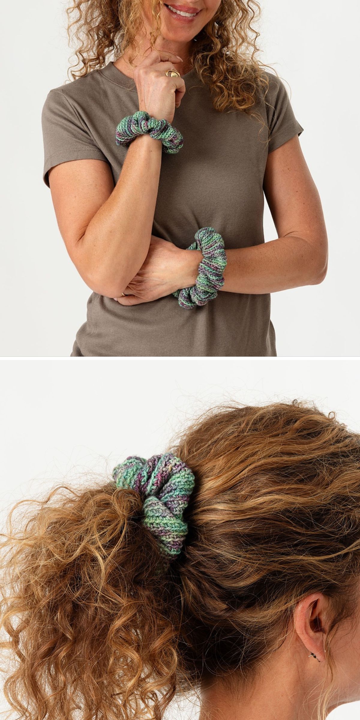 A woman with curly hair wears a crochet scrunchie in green and purple on her wrist and in her hair. She is dressed in a plain taupe t-shirt.