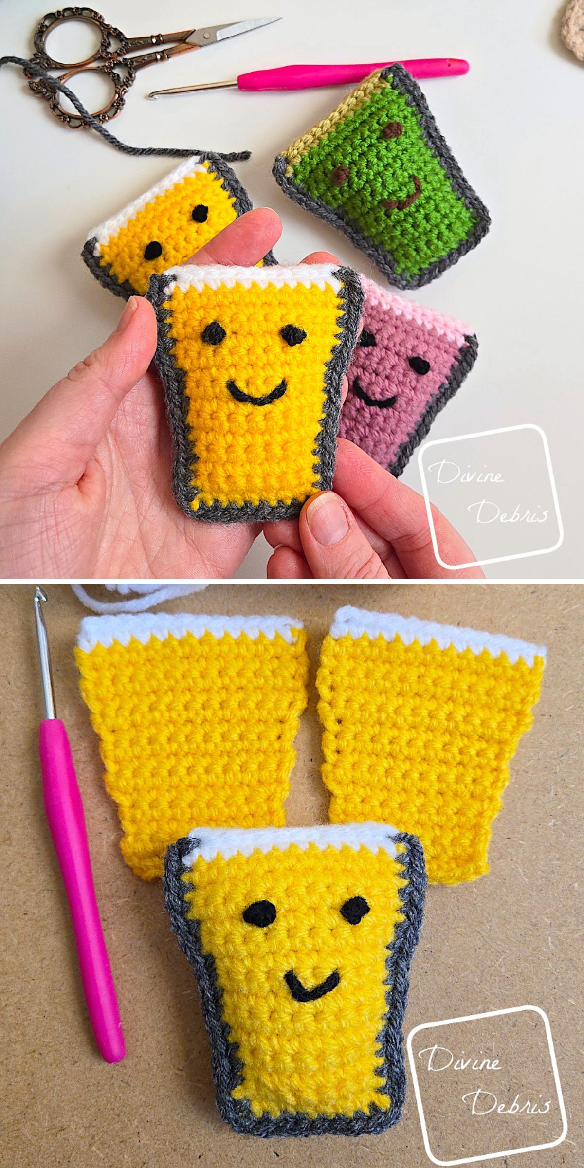 Two images showcase crochet drink patterns featuring beer mugs and other drinks with smiling faces, surrounded by crochet tools and scissors. The mugs display yellow, green, and pink hues with gray borders.
