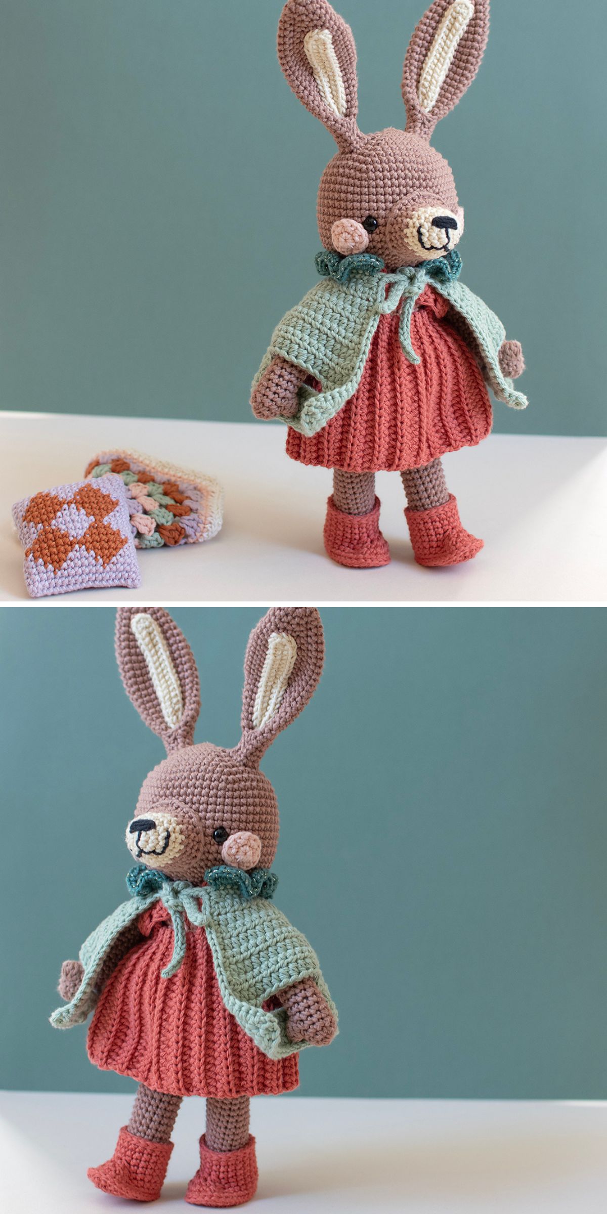 A crochet bunny in a pink dress, green jacket, and pink shoes stands on a white surface, surrounded by charming crocheted accessories.