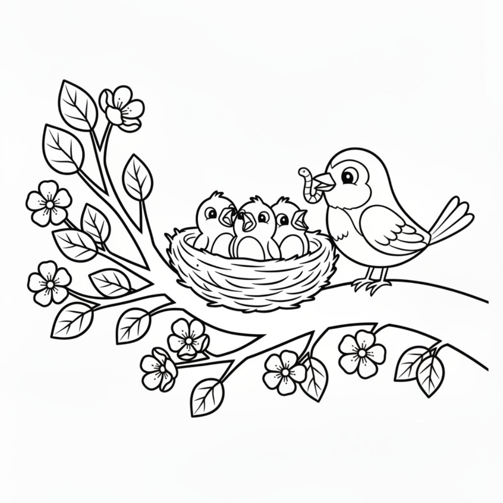 A bird sits on a branch feeding three chicks in a nest, surrounded by leaves and flowers — perfect as a Spring coloring pages printable for kids.