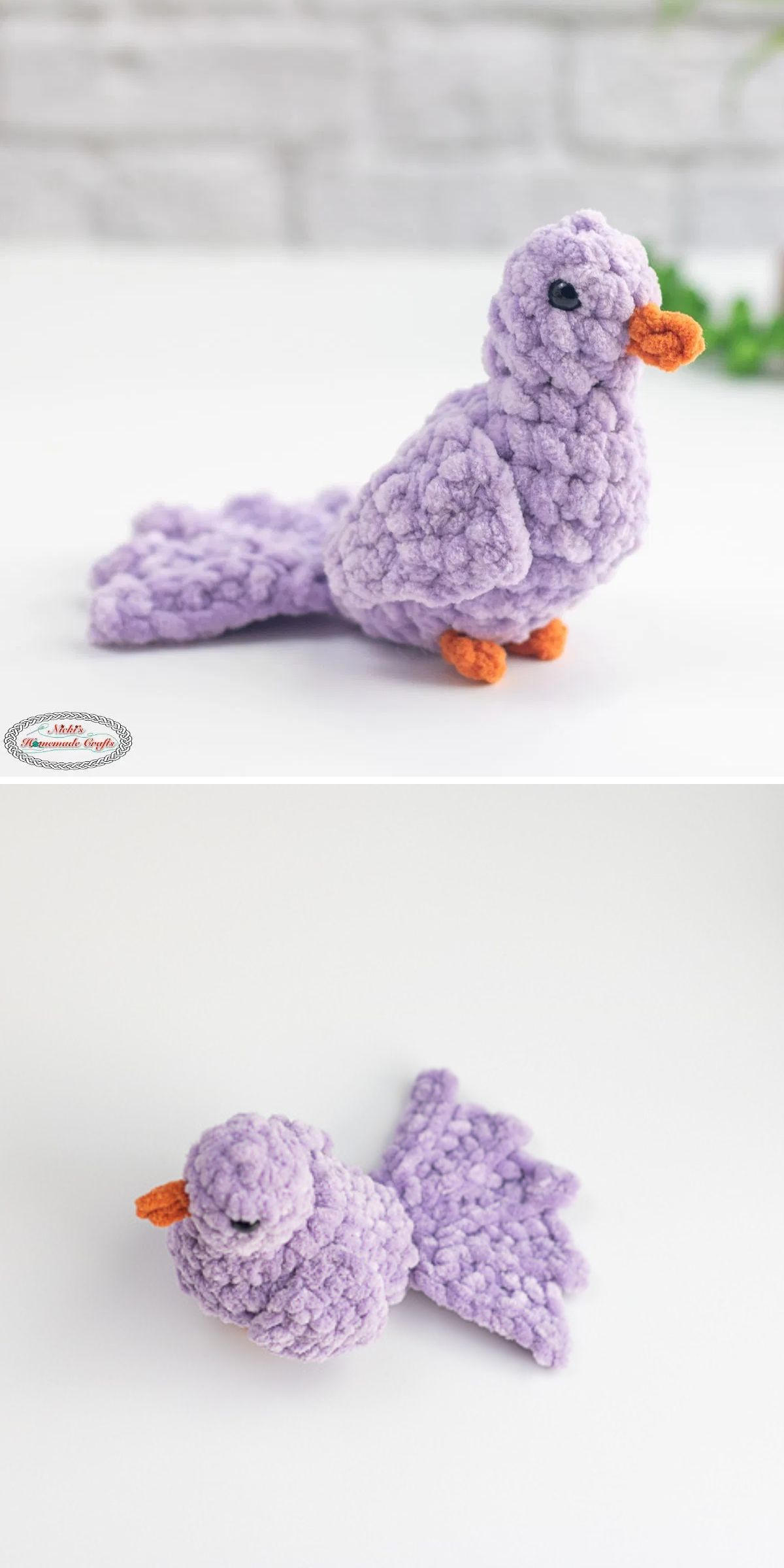 Two views of a small, plush crochet bird in light purple yarn with an orange beak and feet are shown standing and lying on a white background.