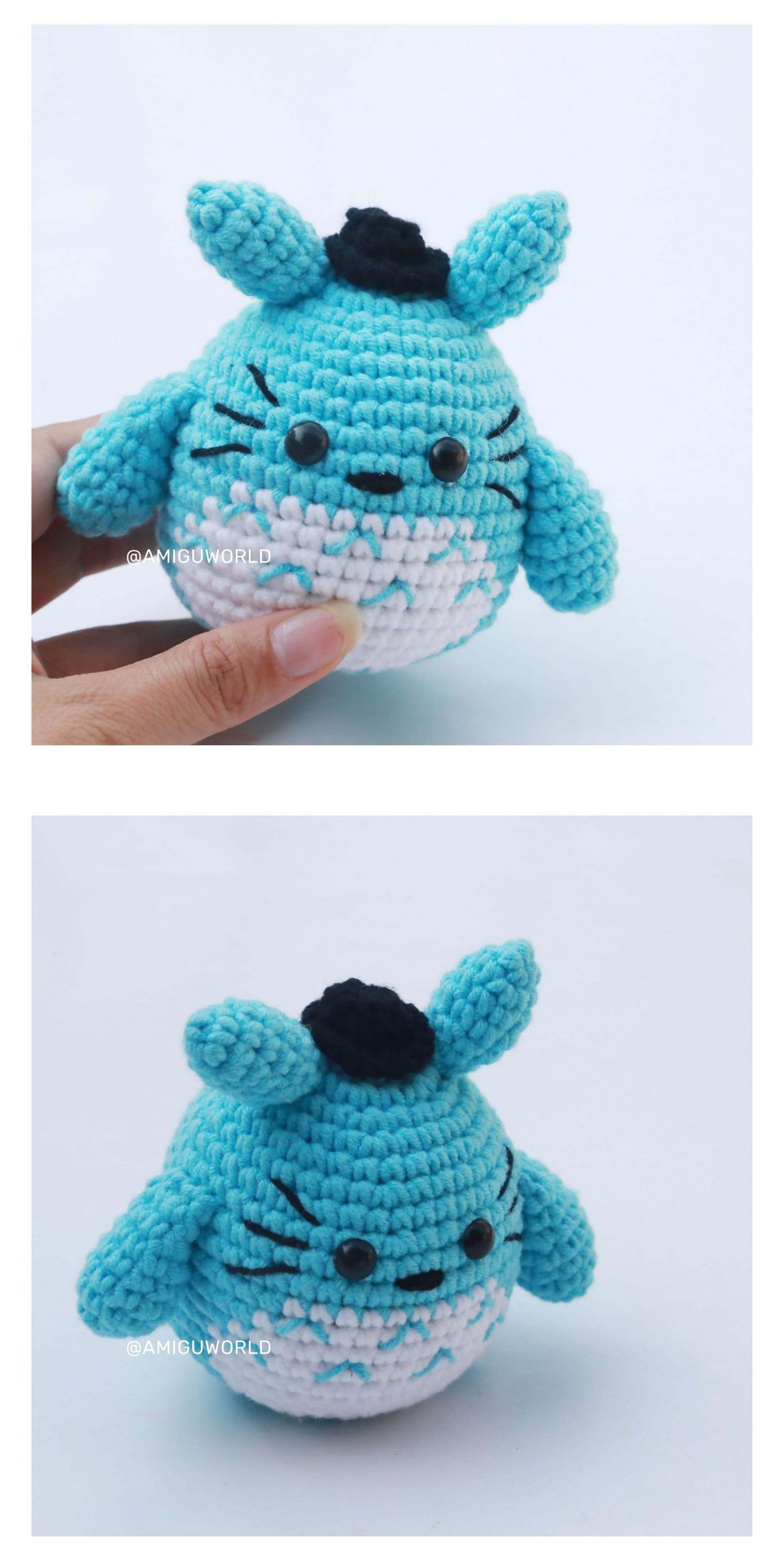 Two photos of a small, blue and white crochet Totoro plush toy with round black eyes, black top detail, and a hand holding it in the first image.