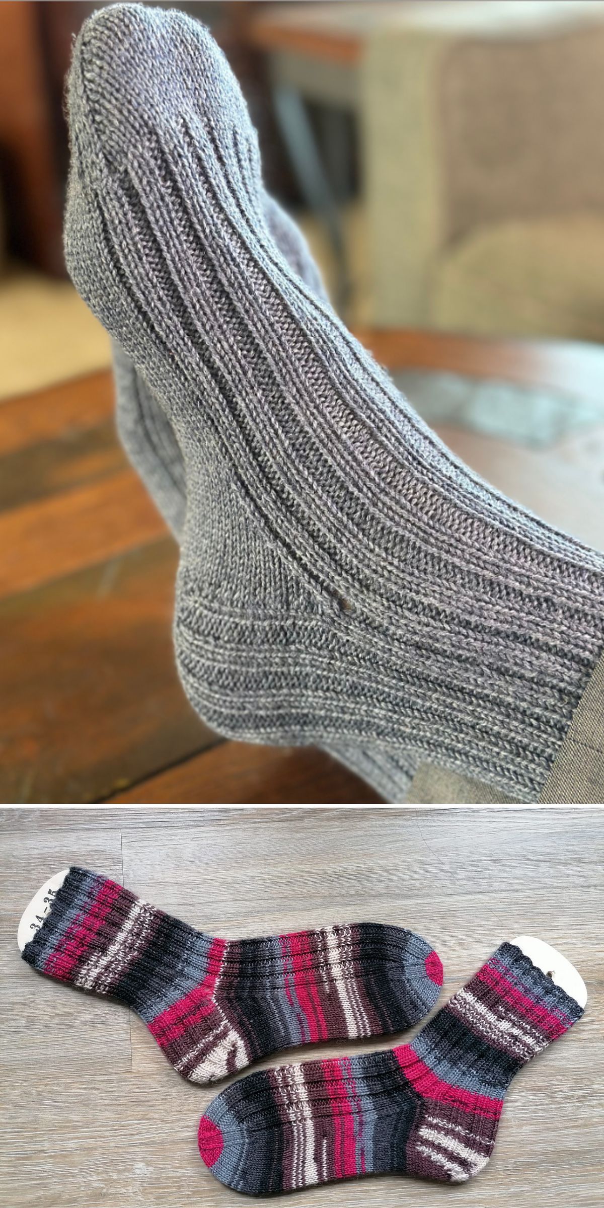 Top: Close-up of feet wearing ribbed, hand-knit gray socks. Bottom: Pair of ribbed socks in black, gray, red, and white stripes laid flat—perfect inspiration for knitting patterns for socks.