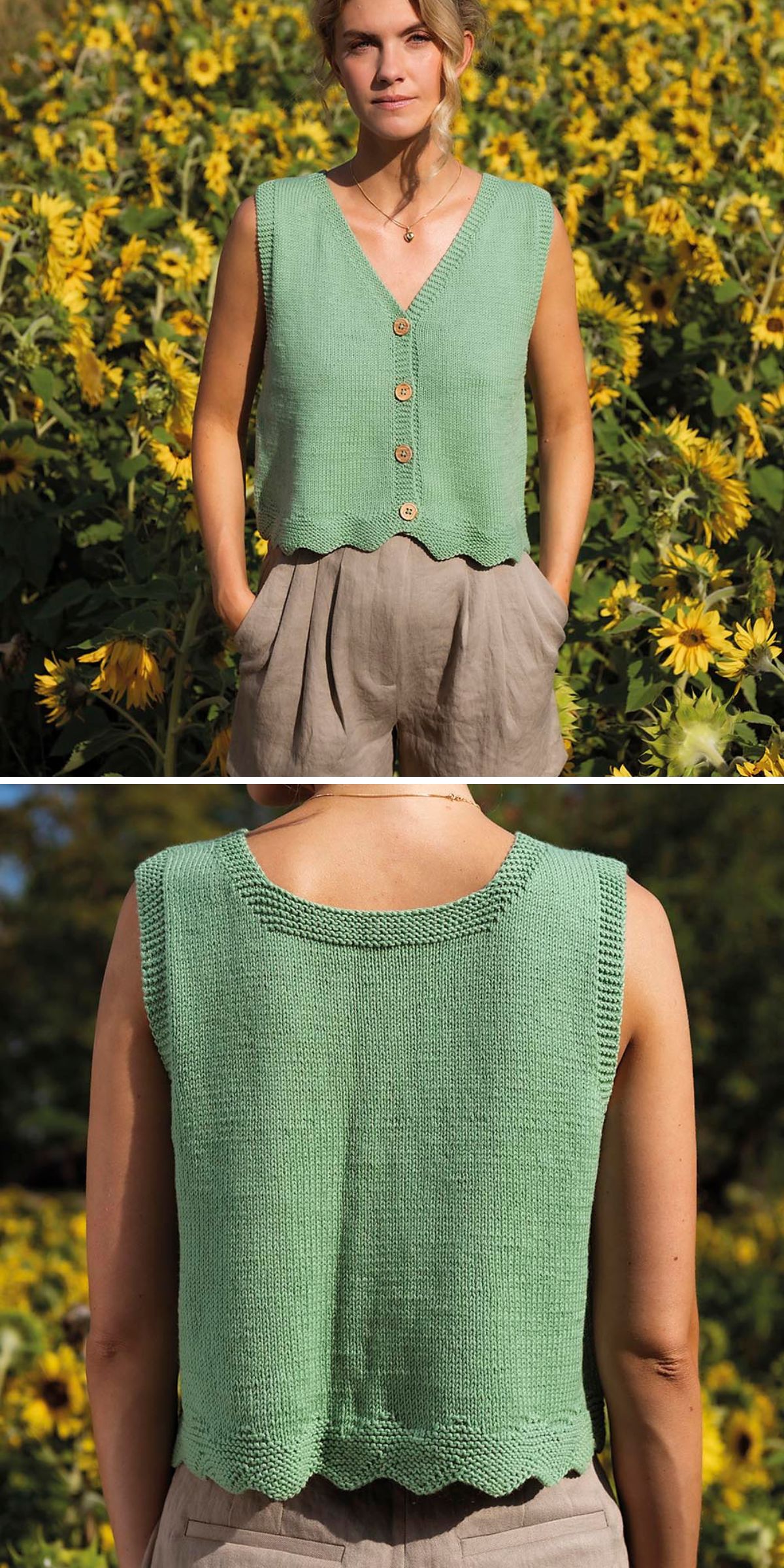 A woman stands in a sunflower field wearing a sleeveless, light green knit halter top with buttons down the front and loose beige shorts; the back of the top is shown in the bottom image.