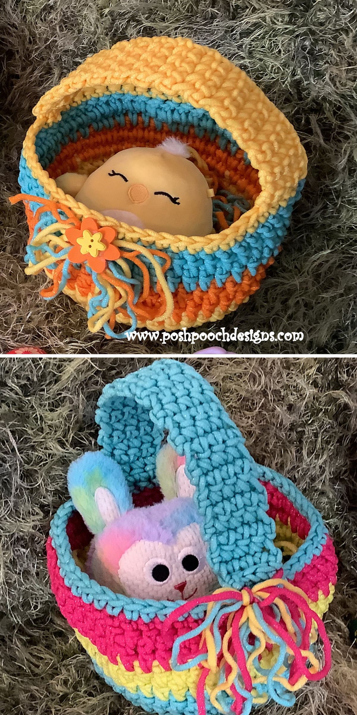 Two colorful crochet Easter baskets, each containing a plush toy, are displayed on a textured surface; one basket holds a chick, the other a bunny.