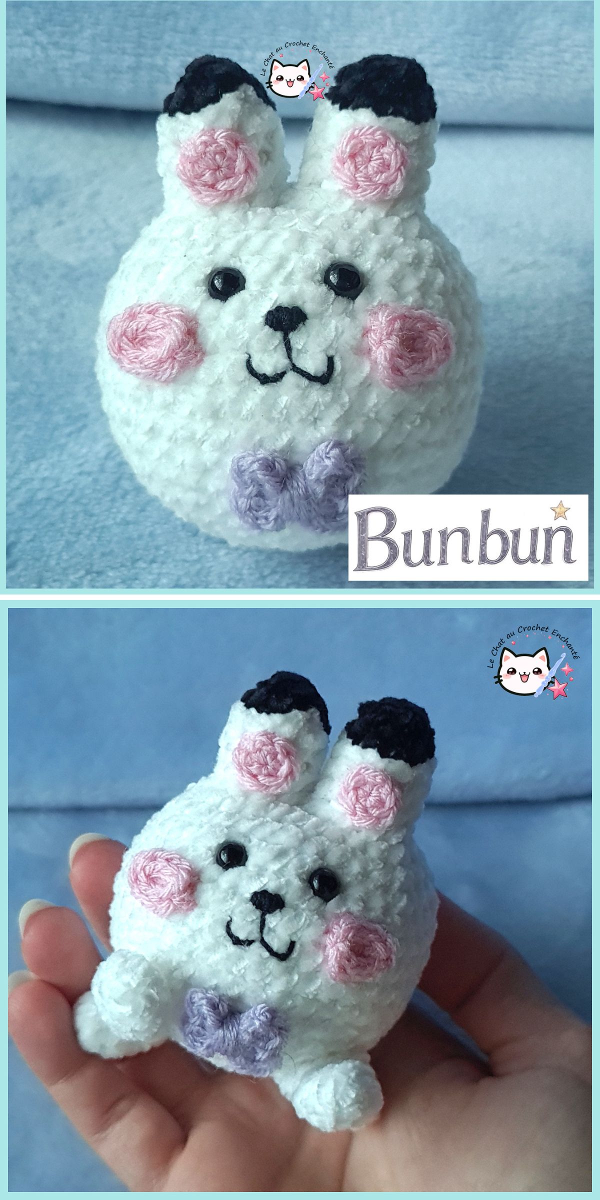 Two photos of a crochet bunny named "Bunbun" with pink cheeks, black eyes, and a purple bow tie—one shown alone and one being held in a hand. The word "Bunbun" appears on the image.