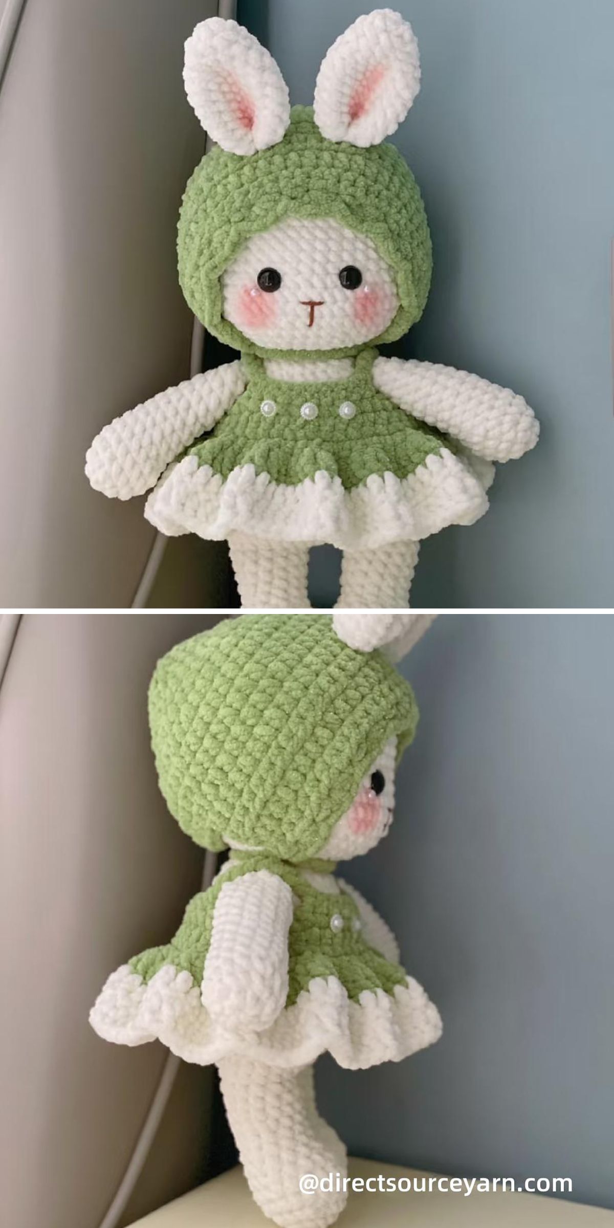 A crocheted plush doll in a green and white bunny outfit, featuring pink cheeks and long bunny ears, shown from front and side views. Perfect as Easter decor or for those who love collecting amigurumi toys.