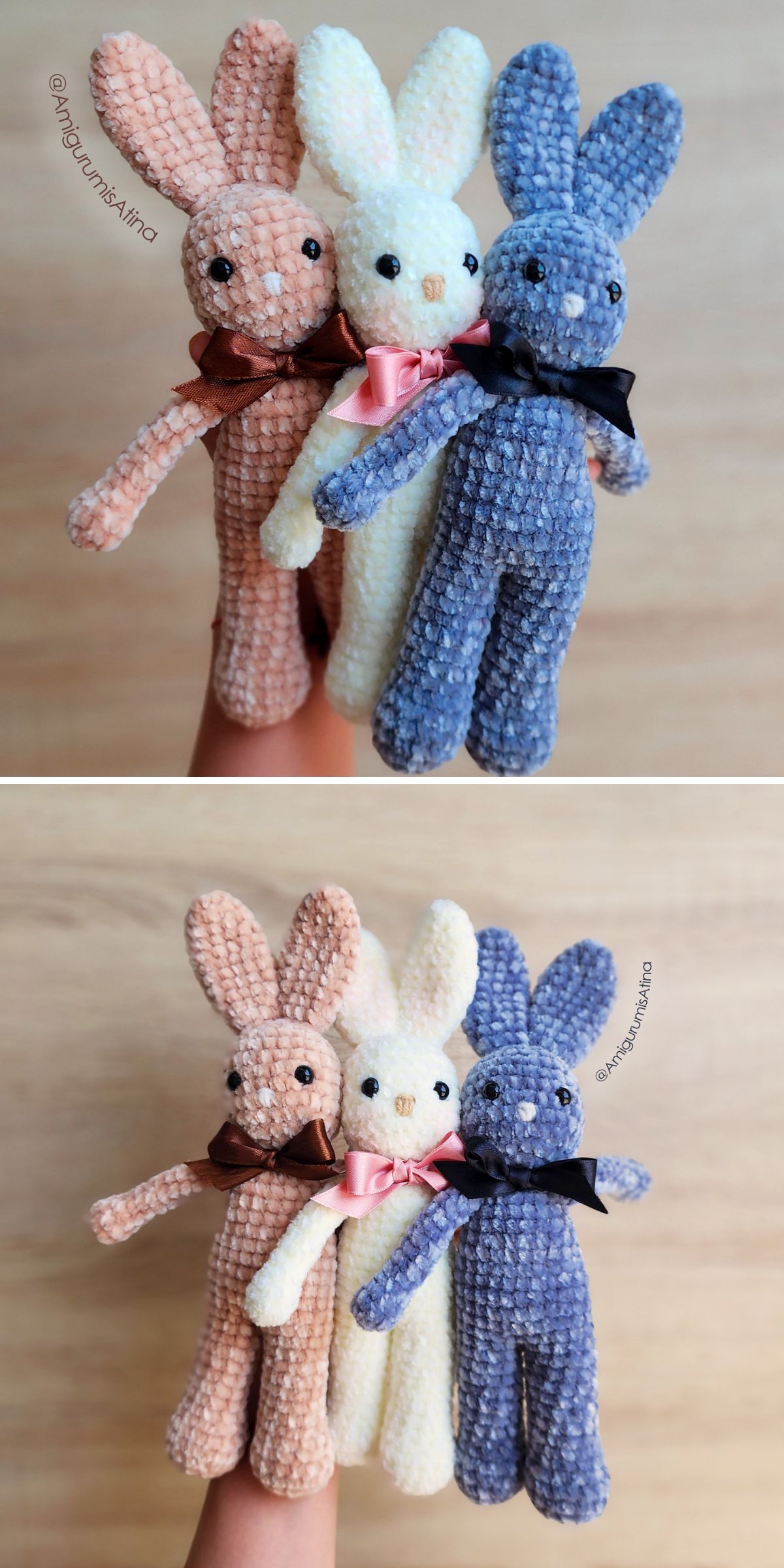 Three plush bunny dolls — one brown, one white, and one blue — each with a ribbon around its neck, are held together against a neutral background, perfect as adorable Easter decor or inspiration for Amigurumi toys.