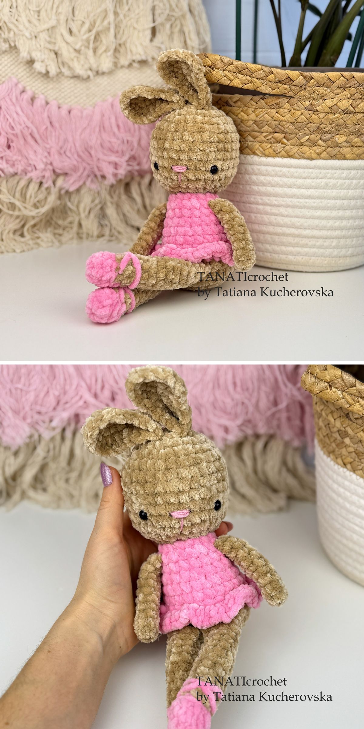 A crochet bunny in a pink outfit sits on a surface, shown both upright and cradled in a hand. Woven baskets and textured fabric create a charming background.