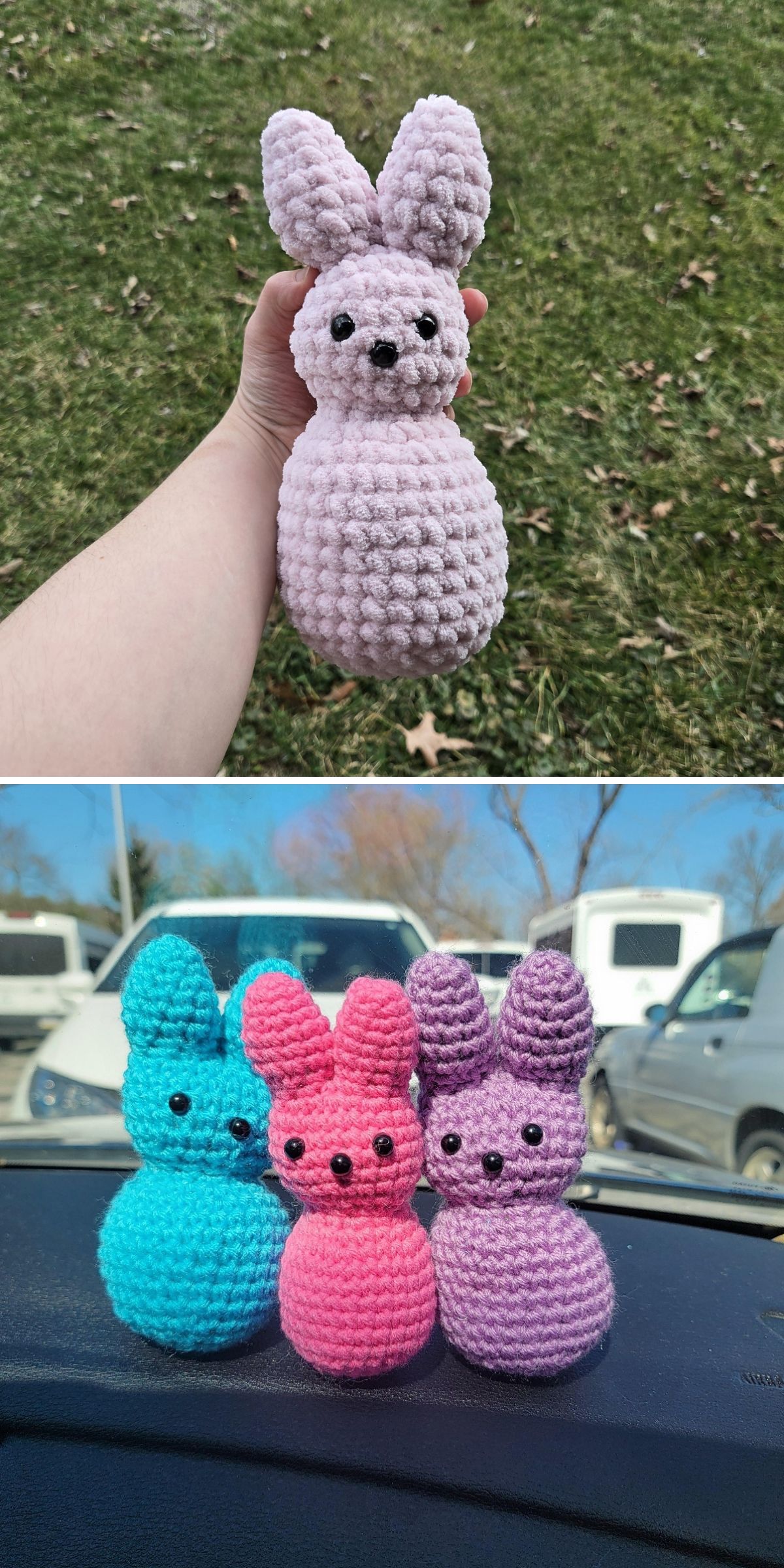 A hand holds a crochet bunny in purple outdoors; below, three crochet bunnies—blue, pink, and purple—sit together on a car dashboard.