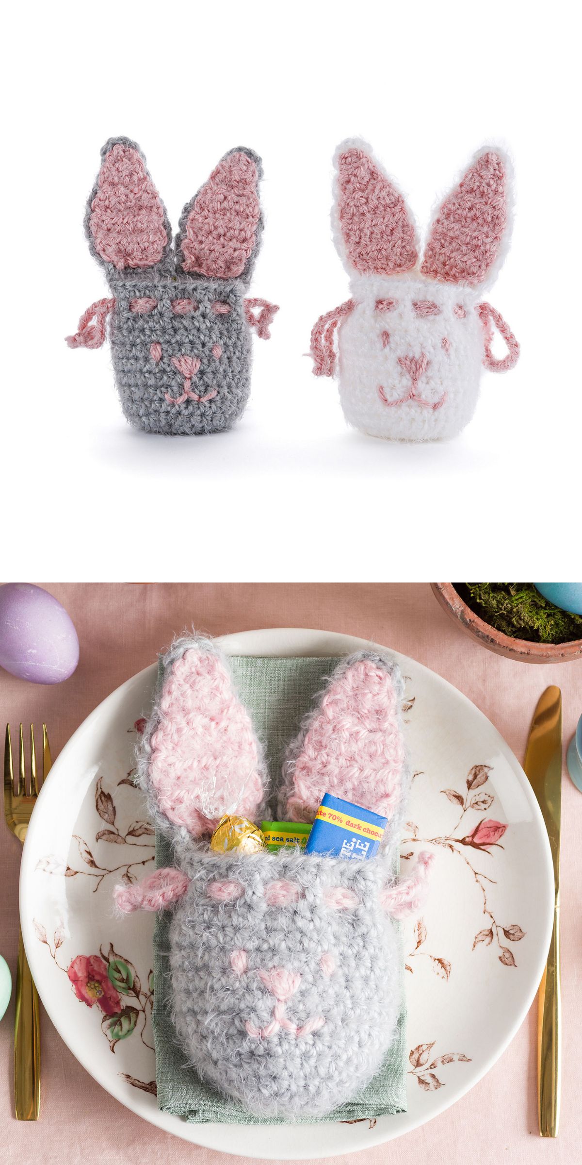 Two crocheted bunny pouches, one gray and one white, make charming crochet Easter decorations, displayed as tabletop accents holding candy on a plate with floral and pastel touches.
