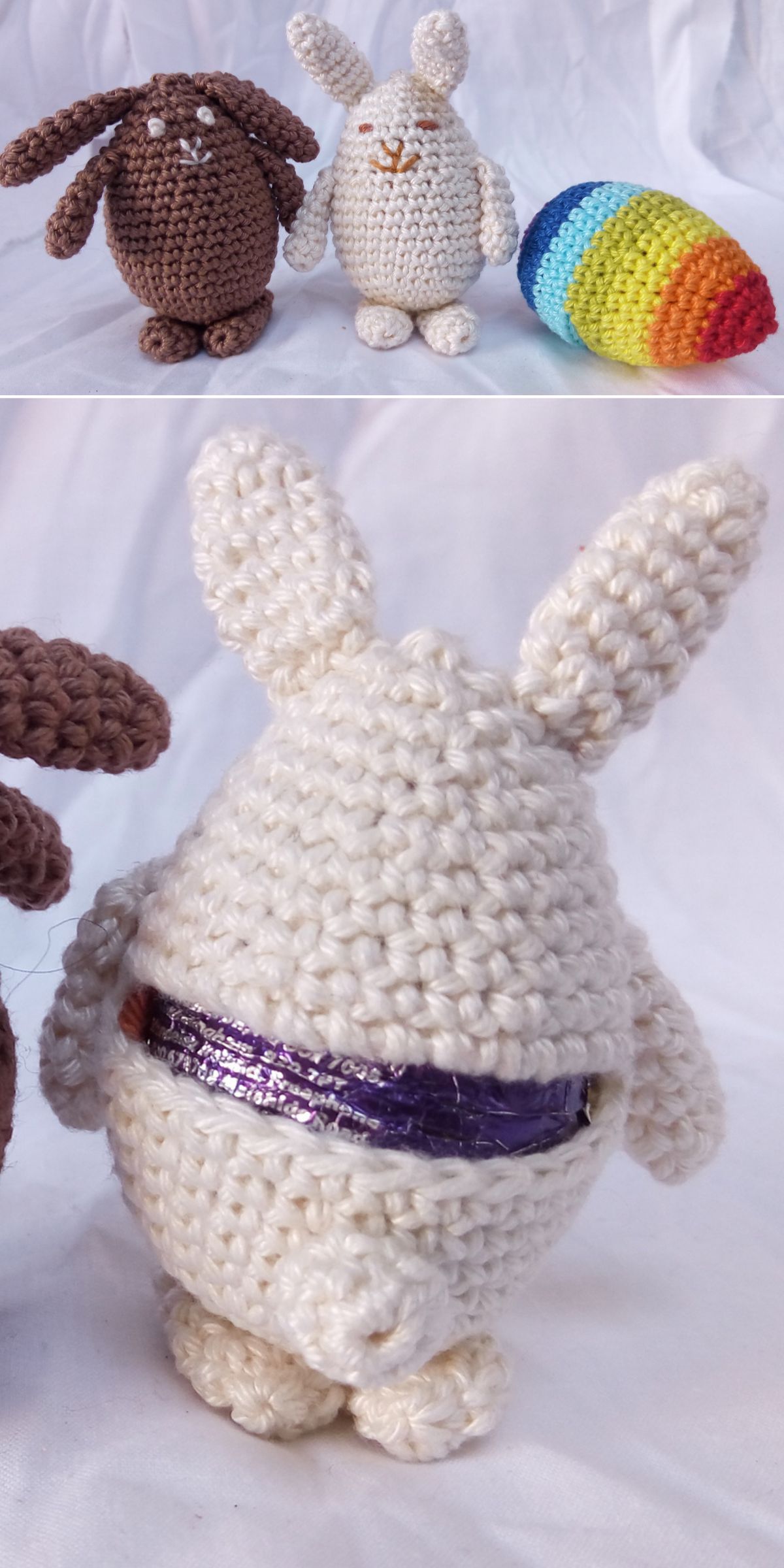 Two crochet bunny figures, a rainbow-striped egg, and a close-up of the white crochet bunny with a purple foil-wrapped chocolate egg in its back.