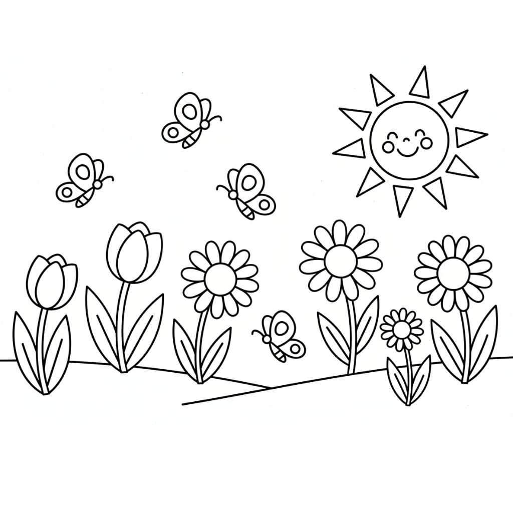 Line drawing of flowers and tulips on a grassy hill with butterflies flying and a smiling sun in the sky — perfect for spring coloring pages. Download these printable coloring pages as a free PDF and bring this cheerful scene to life!.