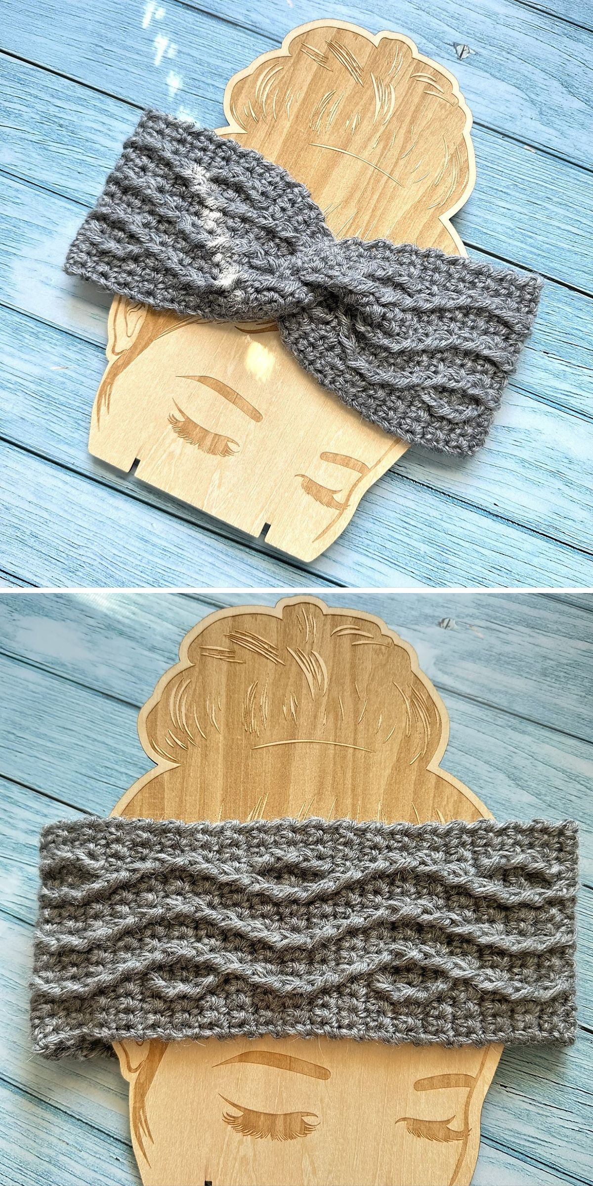 Two views of a gray crochet headband displayed on a wooden mannequin head: one highlights the stylish twisted front, the other reveals the textured back.
