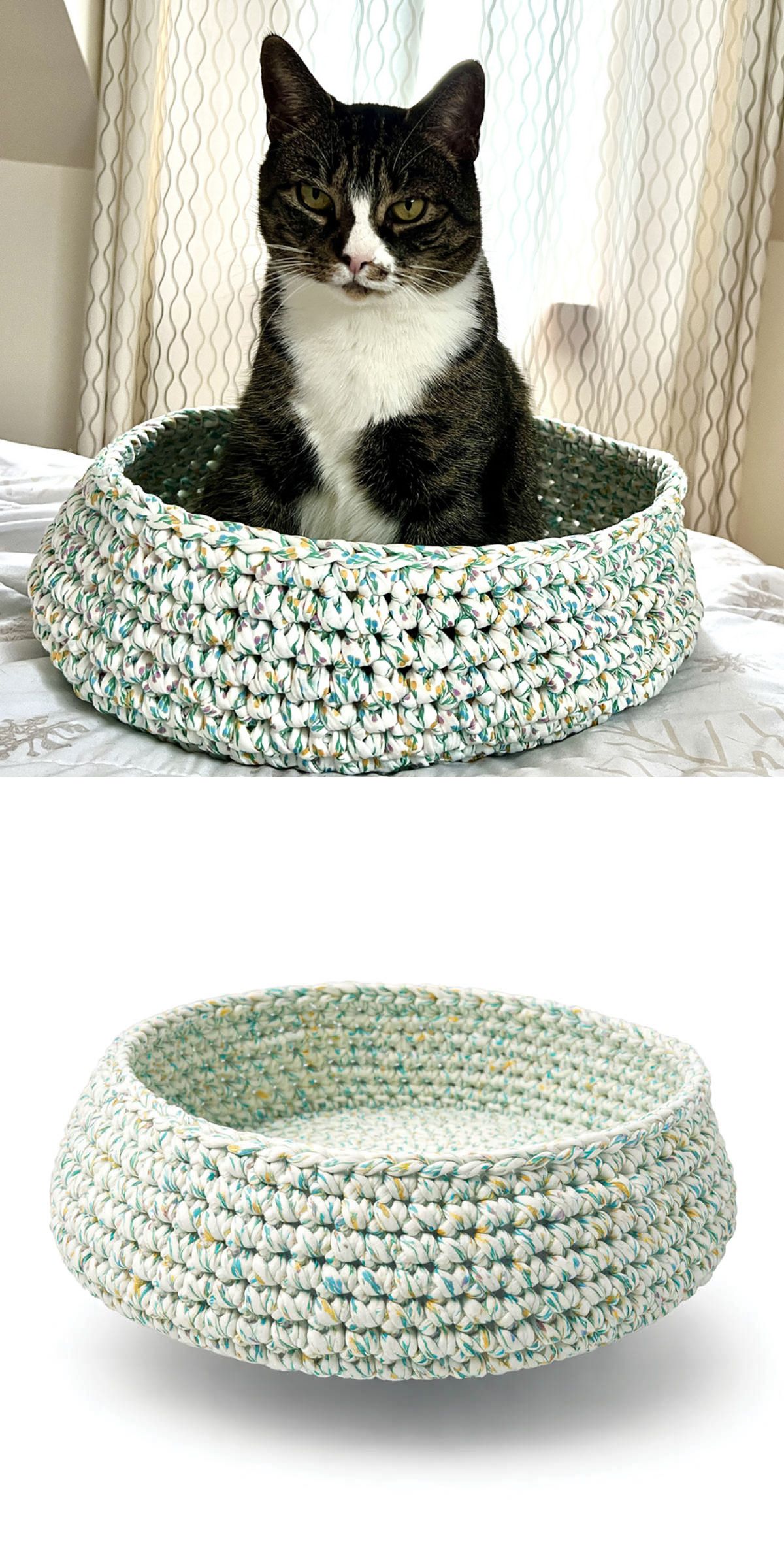A black and white cat sits in a round, crocheted basket — one of our charming crochet cat accessories. Below, the empty crocheted basket is displayed on a white background.