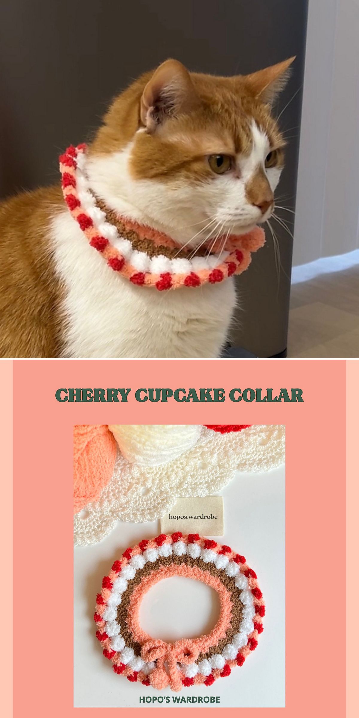 A ginger and white cat wears a crocheted collar with red, white, and brown accents — a charming piece from "Hopo's Wardrobe Cherry Cupcake Collar," perfect for fans of crochet cat accessories.