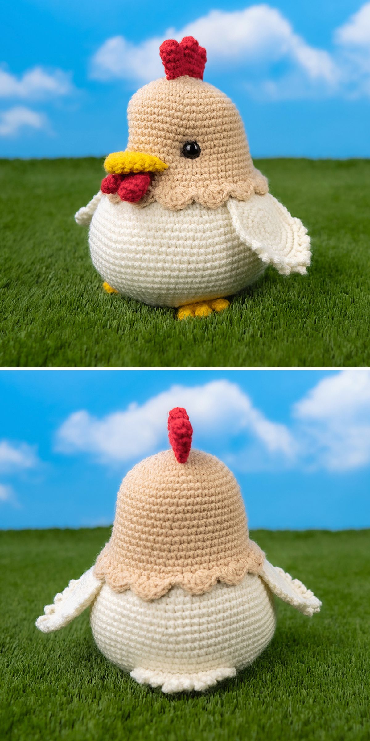 A crochet chicken plush toy with a red comb, yellow beak, and small wings is shown from the front and back on green grass against a blue sky.