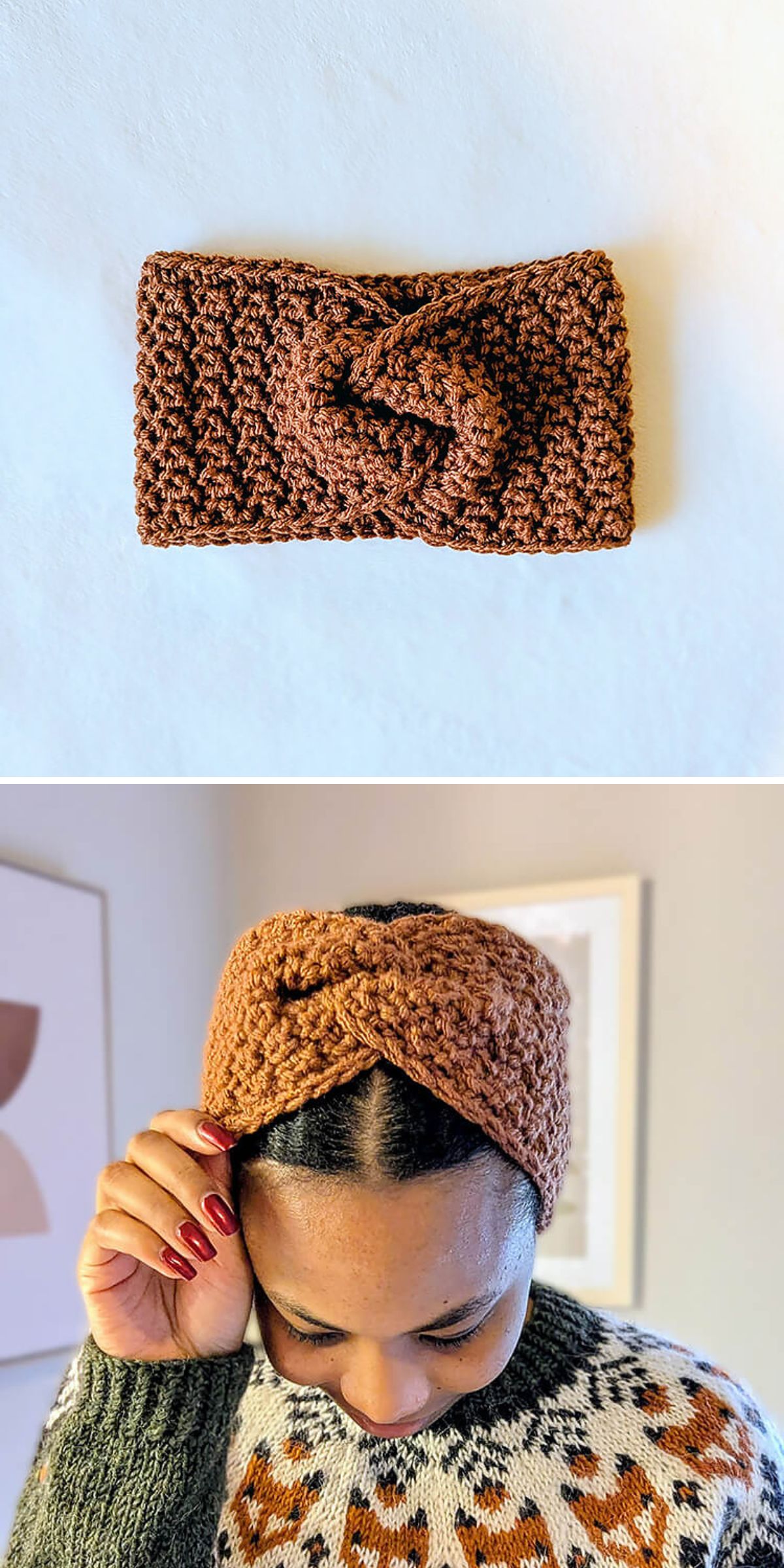 A crochet headband in brown is displayed on a white surface; in a second image, a person wears the same hand-crocheted headband indoors.