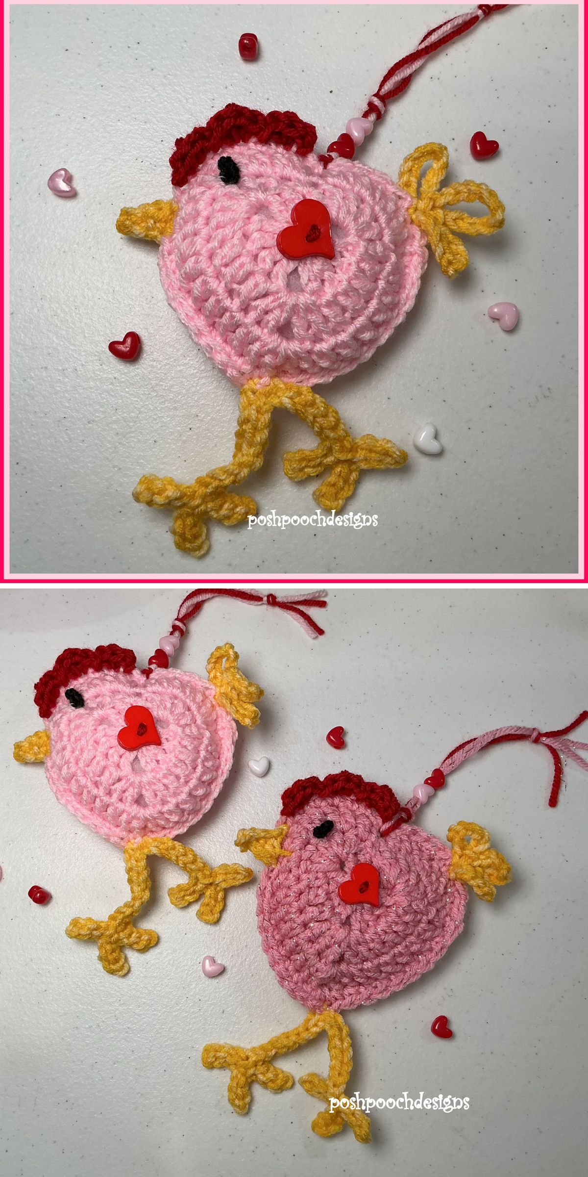 Two pink crochet chicken ornaments with red combs, yellow beaks and feet, are decorated with small heart-shaped beads, displayed on a white surface.