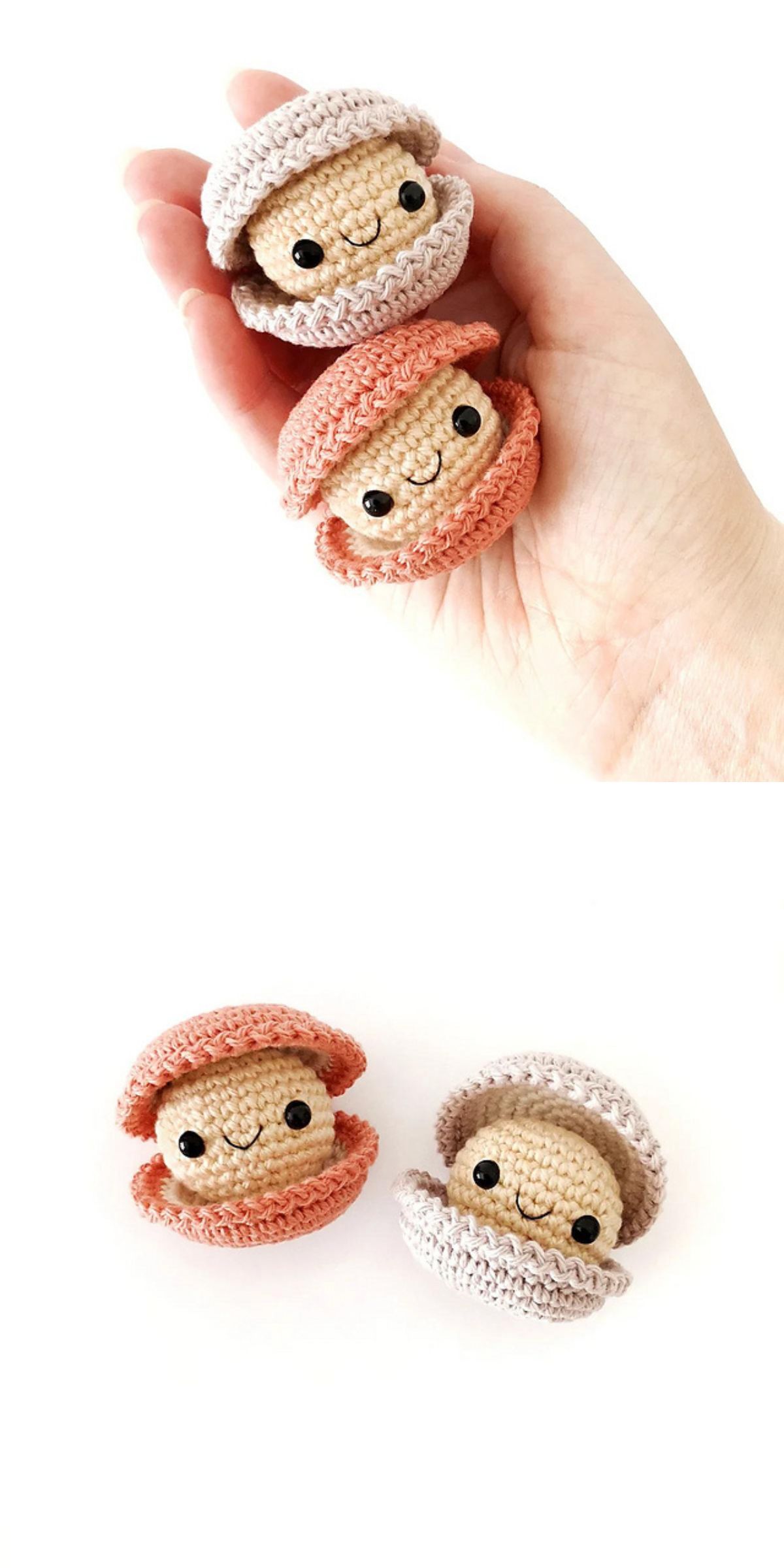 A hand holds two crocheted food amigurumi clams with smiling faces; both clams are also shown placed on a white surface below.