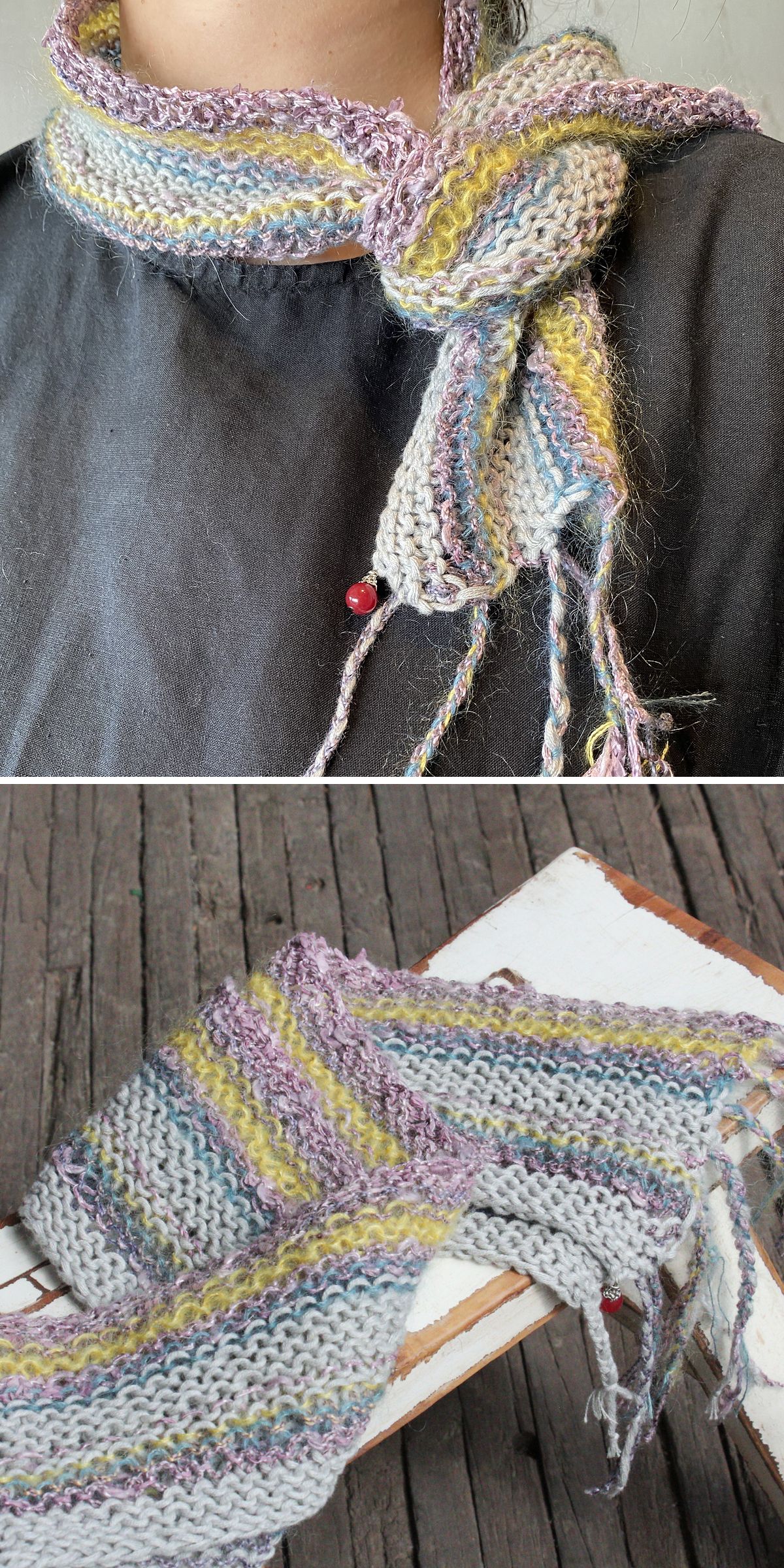 A hand-knitted, multicolored striped scarf with fringed ends, crafted using vibrant knitting scarf patterns, is shown knotted around a person's neck and laid flat on a wooden surface.